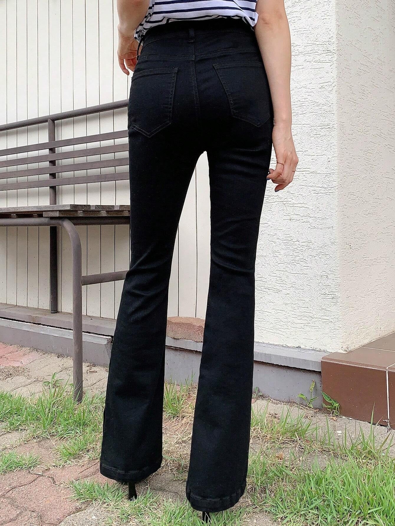 CM-BS904004 Women Casual Seoul Style Solid Button Detail Flare Leg Jeans - Black