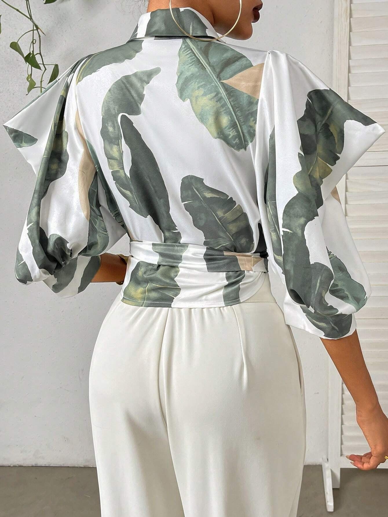 CM-TS885505 Women Casual Seoul Style Tropical Print Knot Side Wrap Detail Blouse - White
