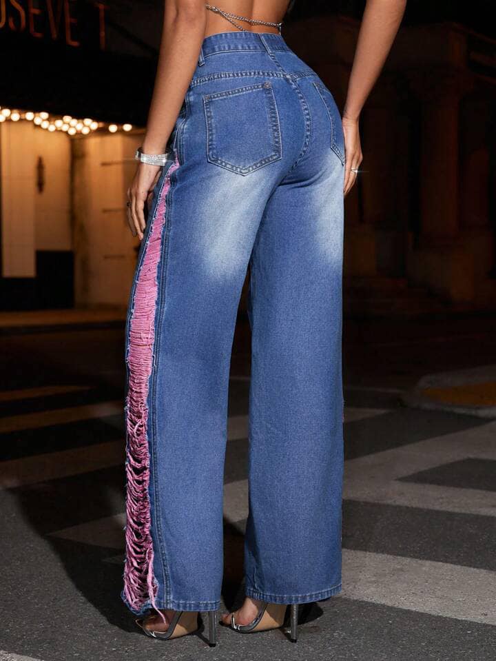CM-BS070060 Women Casual Seoul Style Zipper Fly Colorblock Wide Leg Cargo Pants - Blue