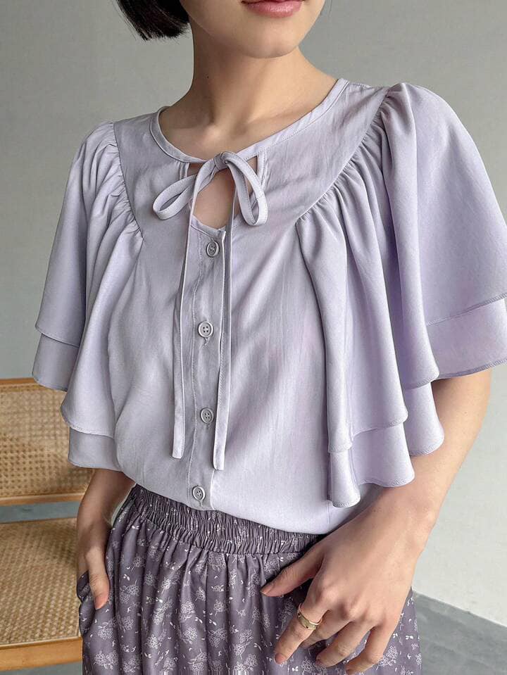 CM-TS227077 Women Casual Seoul Syle Tie Knot Neckline Ruffle Sleeve Button Down Shirt - Purple