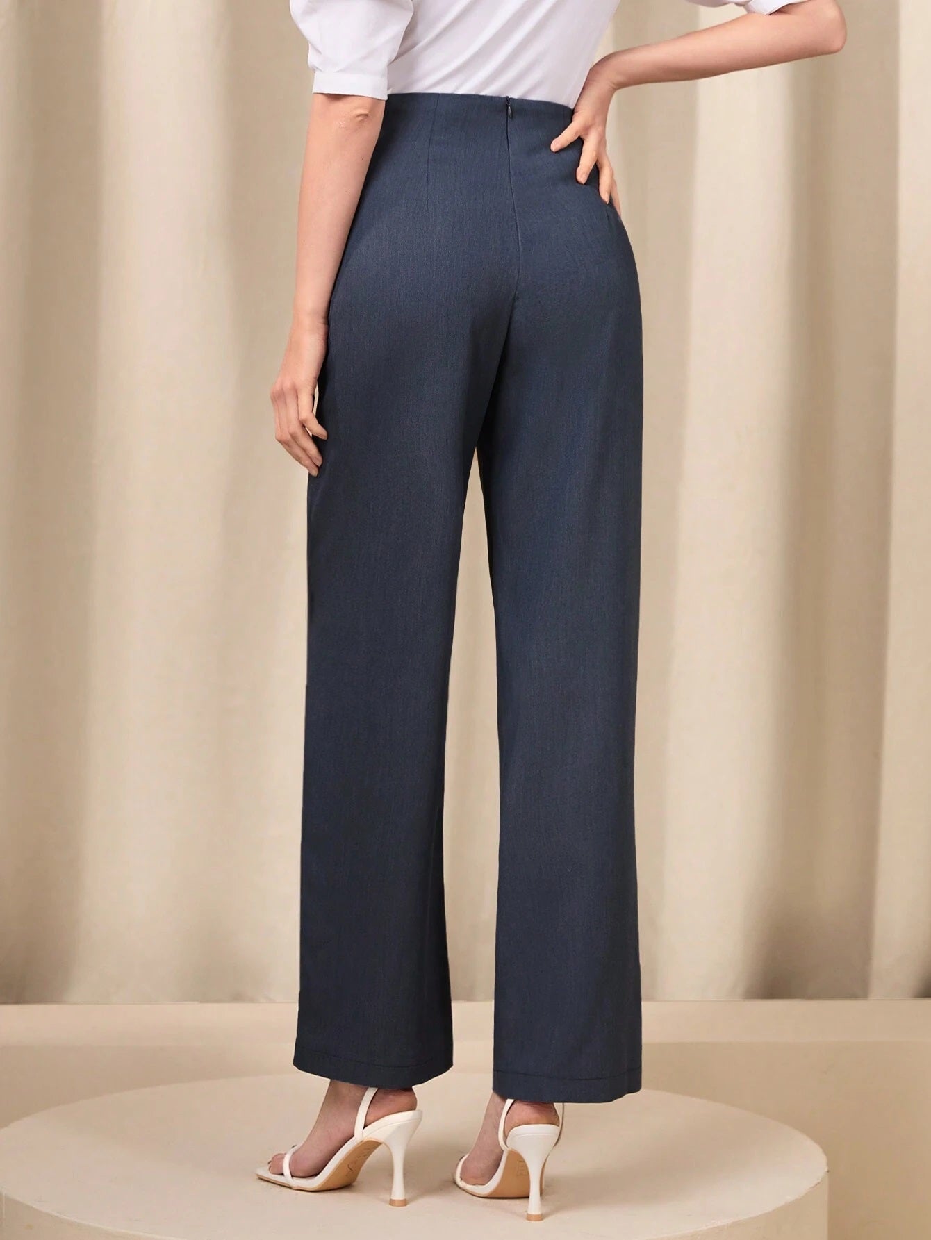 CM-BS884465 Women Casual Seoul Style Solid Flipped Waisted Straight Leg Pants - Dark Gray