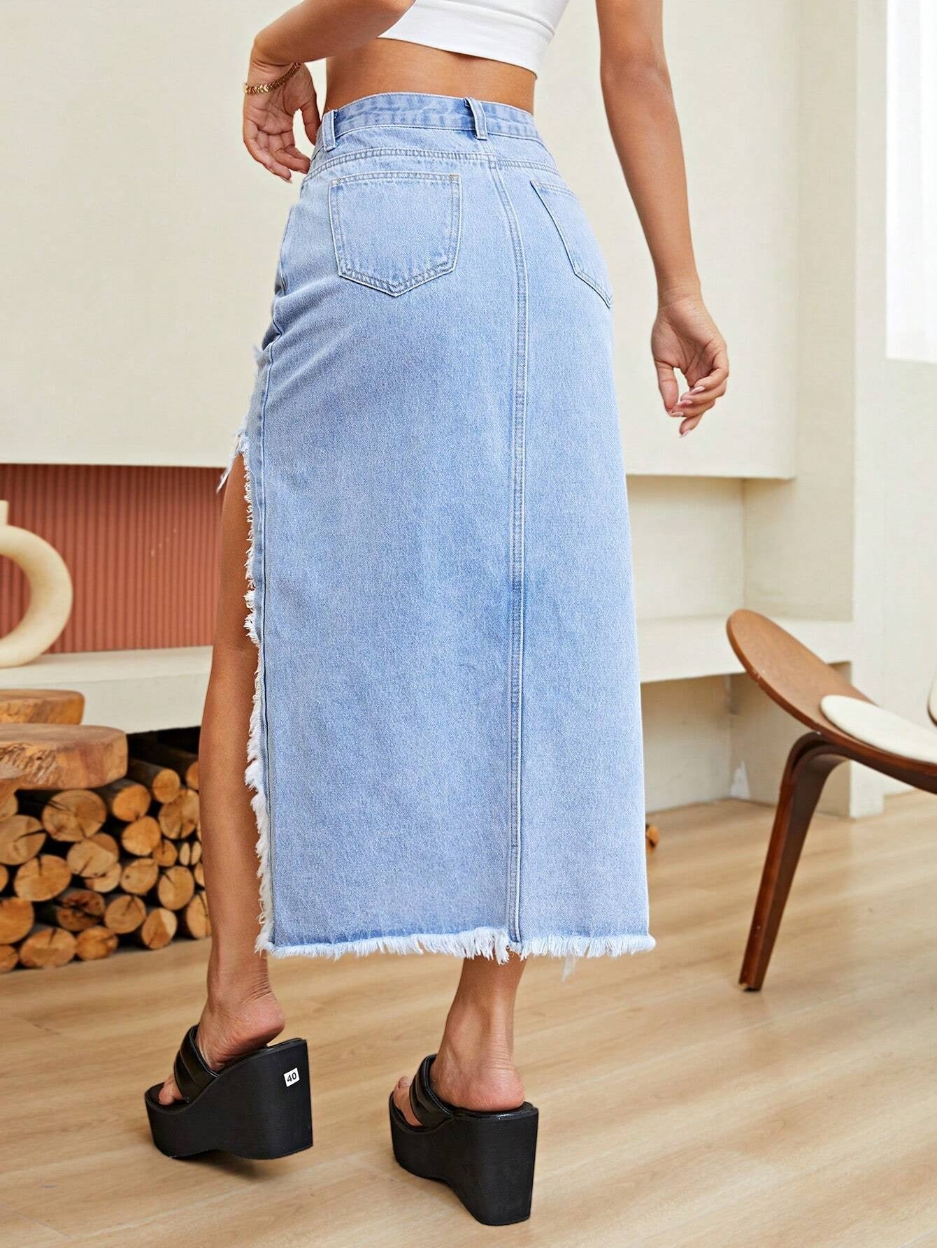 CM-BS227824 Women Casual Seoul Style Light Wash Ripped Raw Hem Denim Skirt