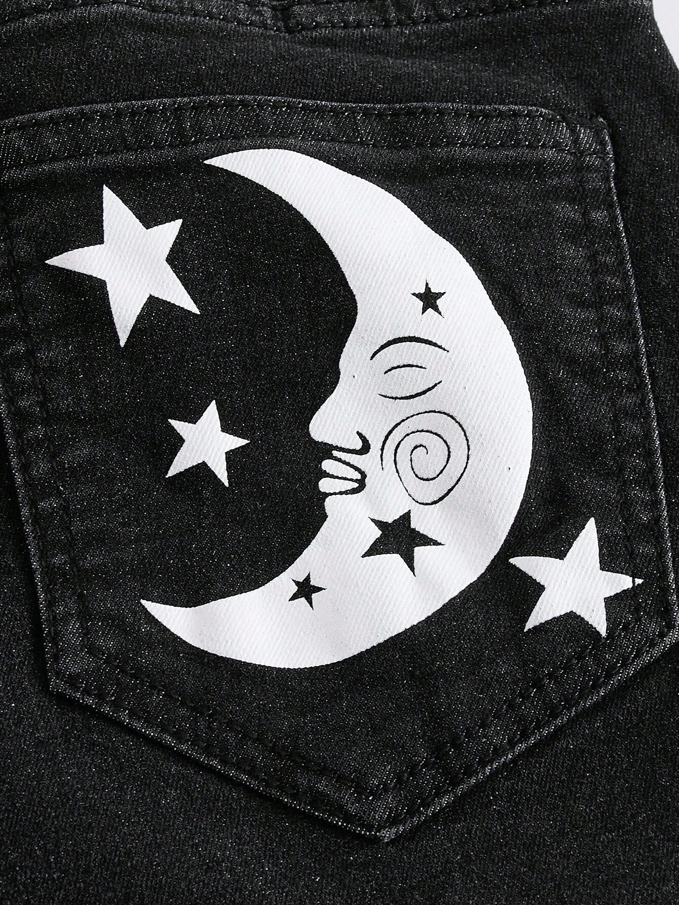 CM-BS221124 Women Preppy Seoul Style Sun And Moon Graphic Flare Leg Jeans - Dark Gray