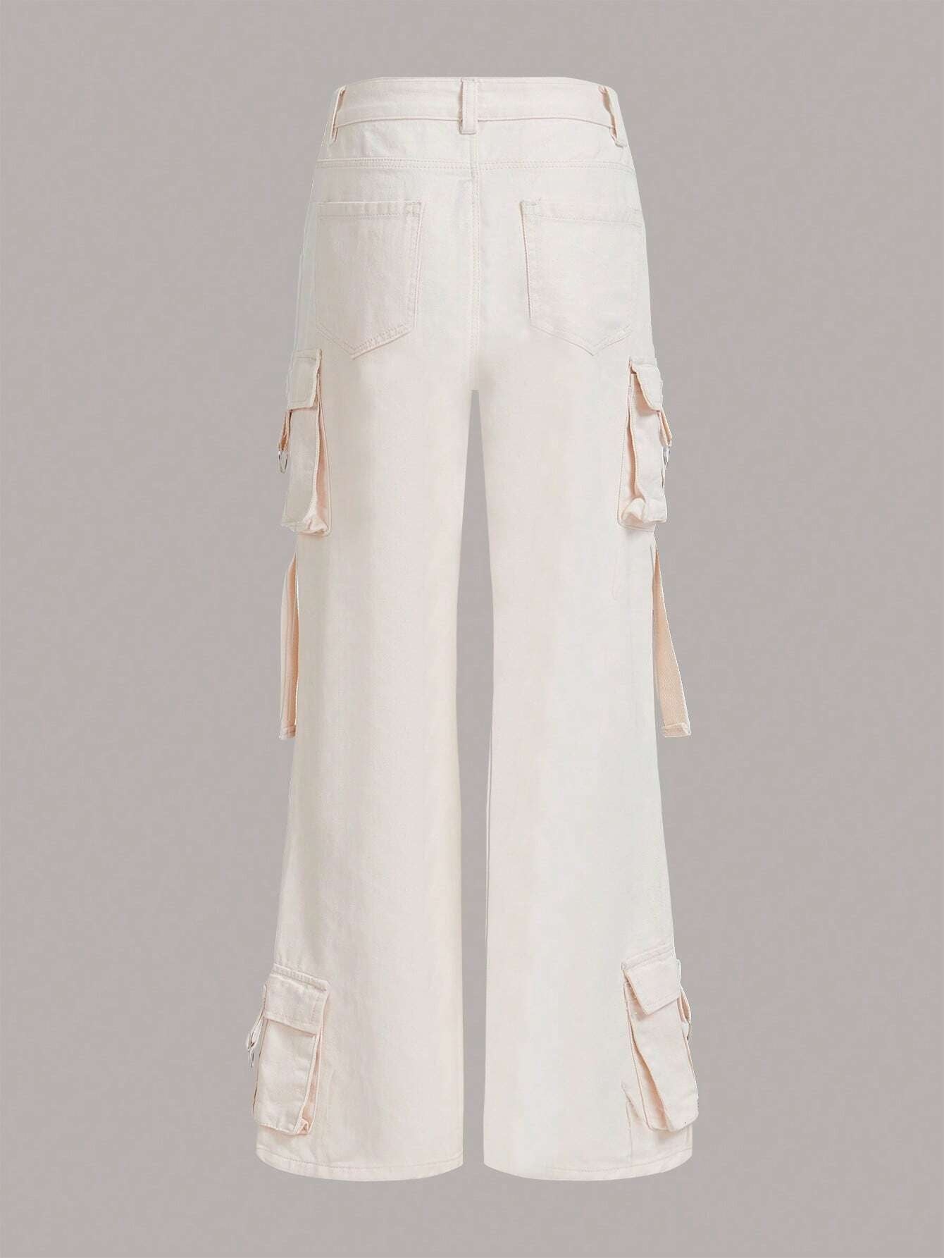 CM-BS280160 Women Preppy Seoul Style High Waist Flap Pocket Side Cargo Jeans - Beige