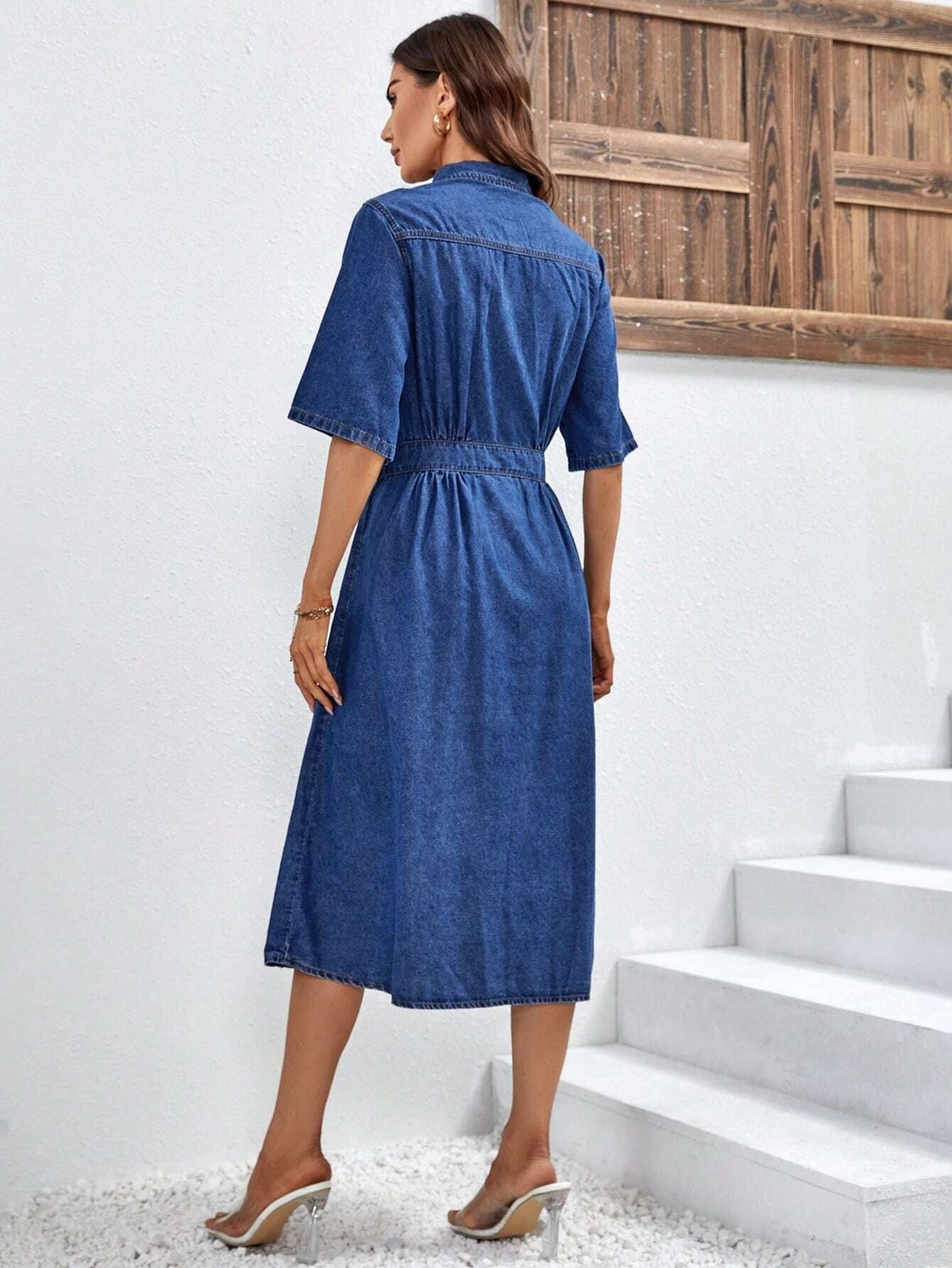 CM-DS779327 Women Casual Seoul Style Dark Wash Flap Pocket Button Front Denim Dress