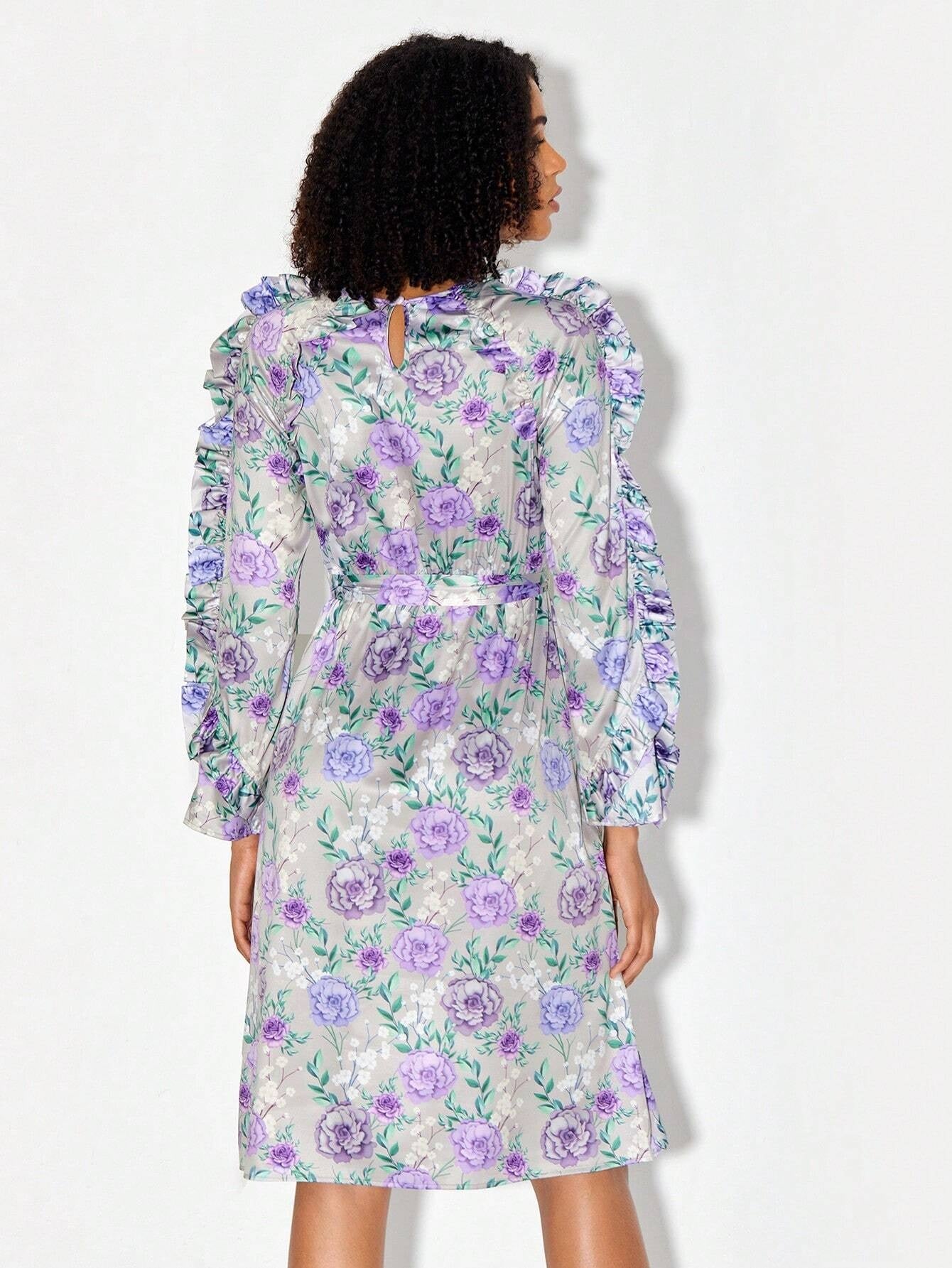CM-DS466541 Women Elegant Seoul Style Round Neck Floral Print Ruffle Trim Belted Dress