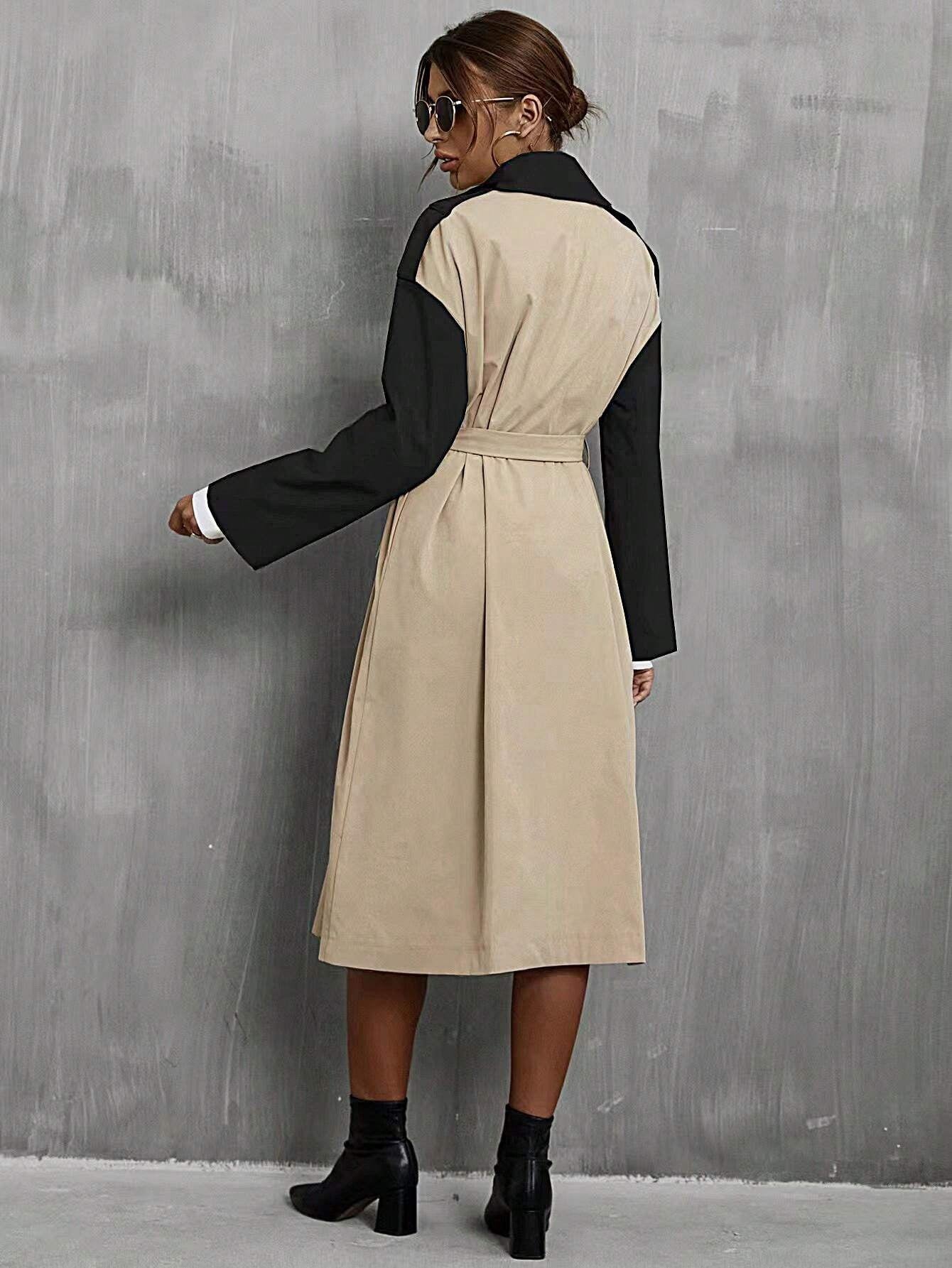 CM-CS846472 Women Elegant Seoul Style Two Tone Double Breasted Belted Trench Coat