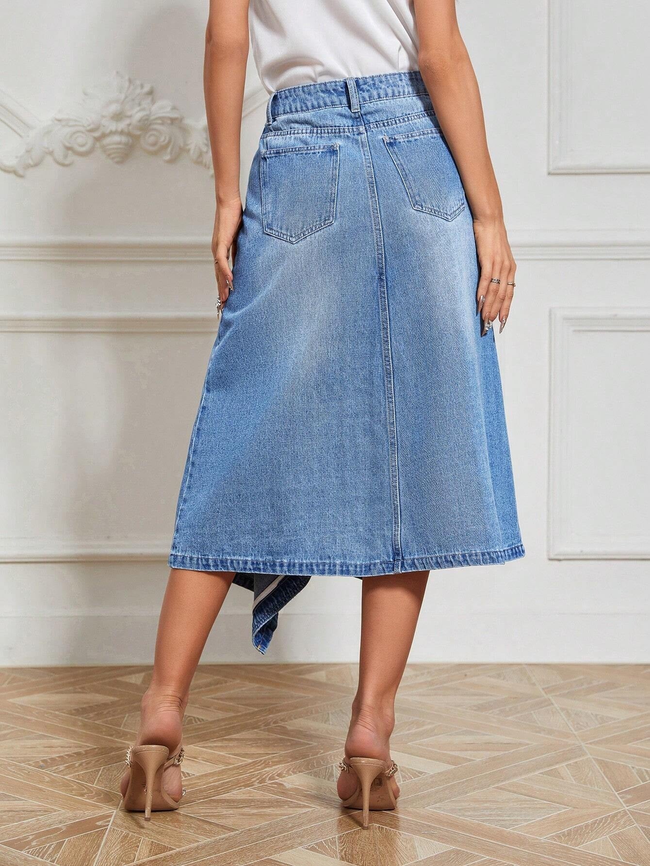 CM-BS151051 Women Preppy Seoul Style Light Wash Asymmetrical Hem Denim Skirt