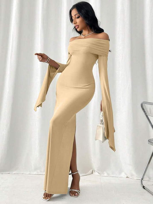 CM-DS119814 Women Elegant Seoul Style Off Shoulder Long Sleeve Bodycon Maxi Dress - Apricot