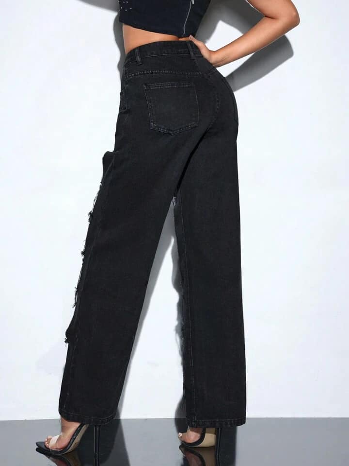 CM-BS547141 Women Casual Seoul Style Patchwork Rhinestone And Mesh Panels Straight Leg Jeans
