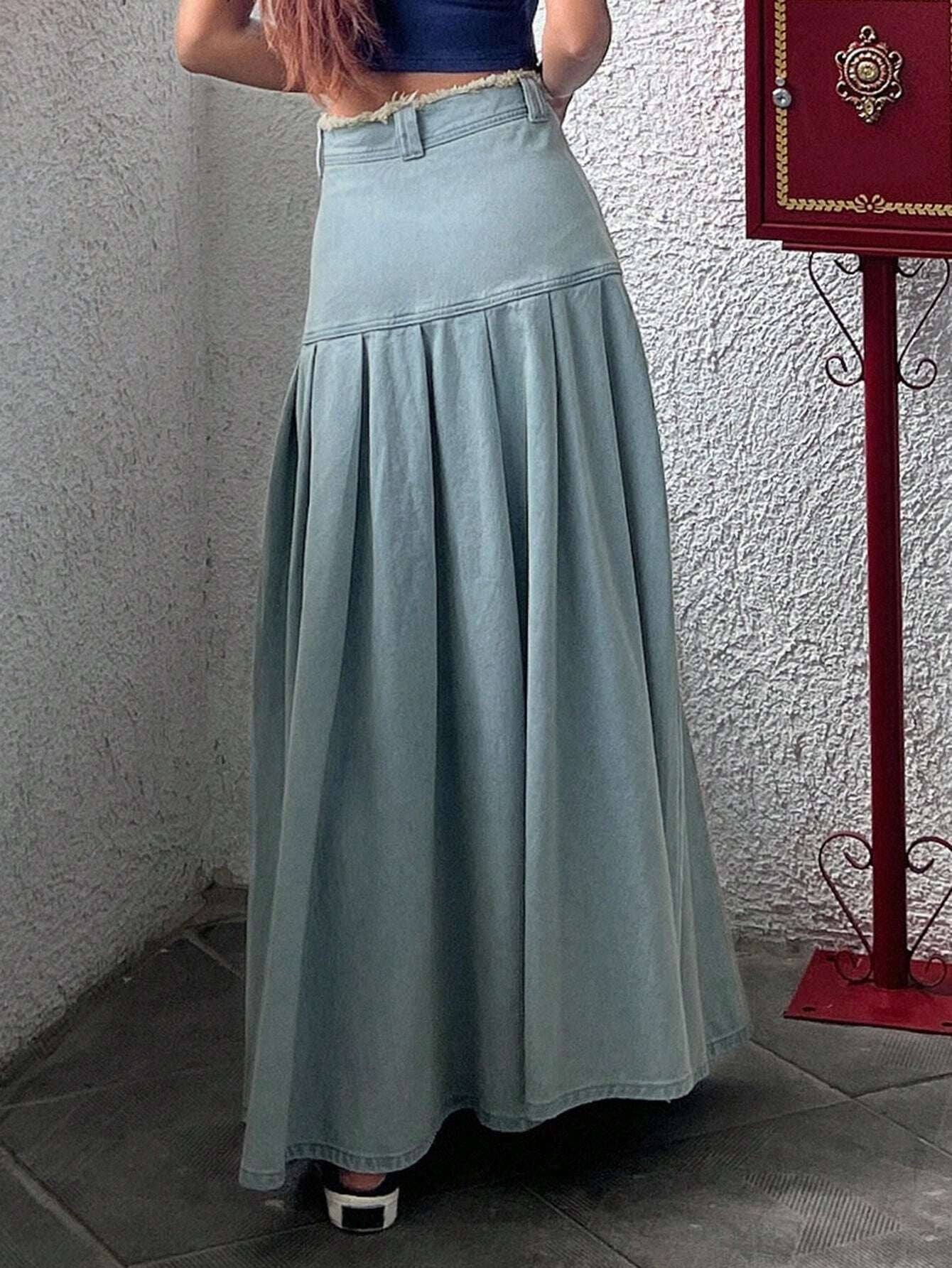 CM-BS899163 Women Casual Seoul Style Solid Pleated Detail Denim Skirt - Blue