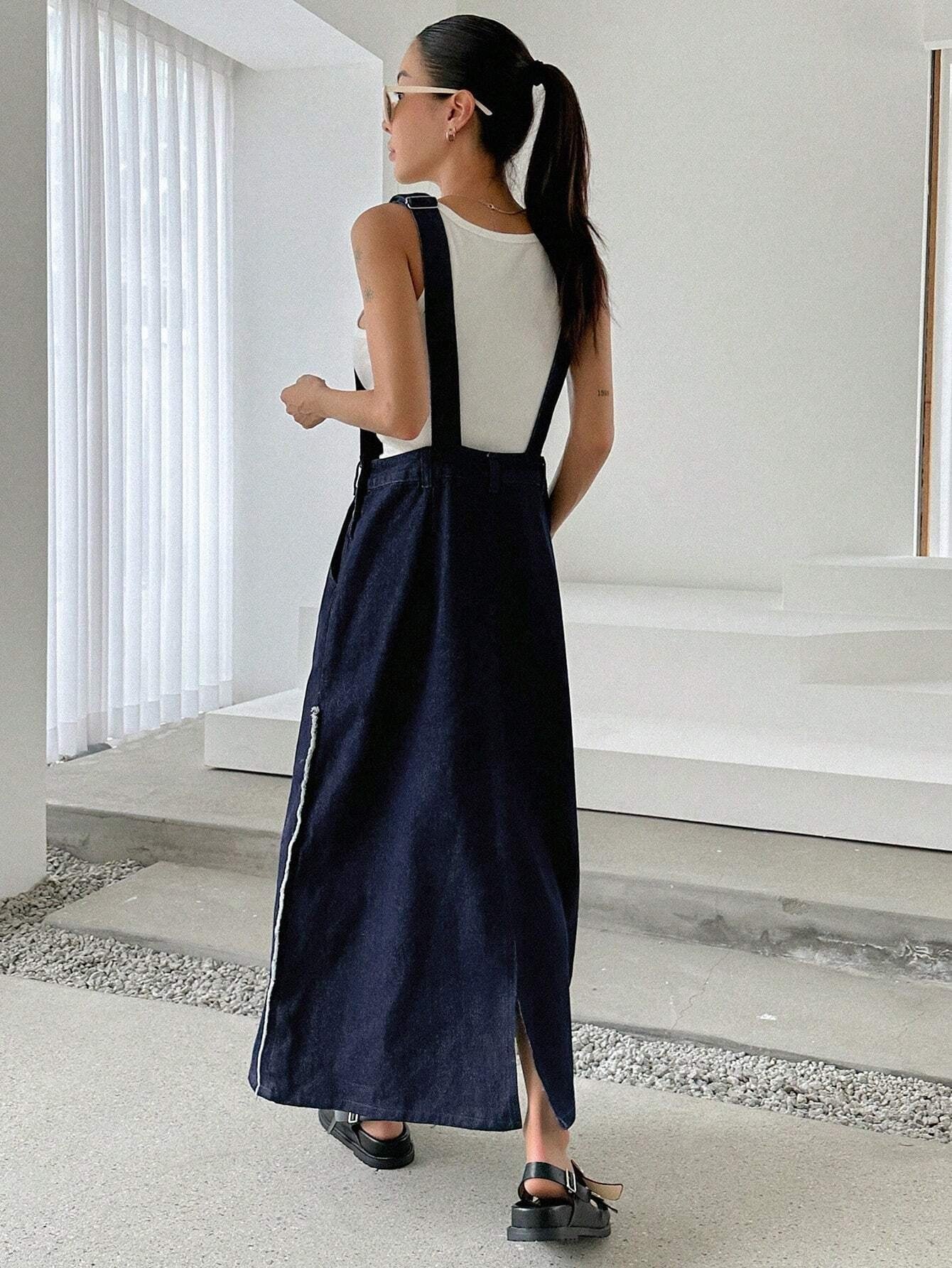 CM-DS985371 Women Preppy Seoul Style Slant Pocket Overall Denim Dress - Blue