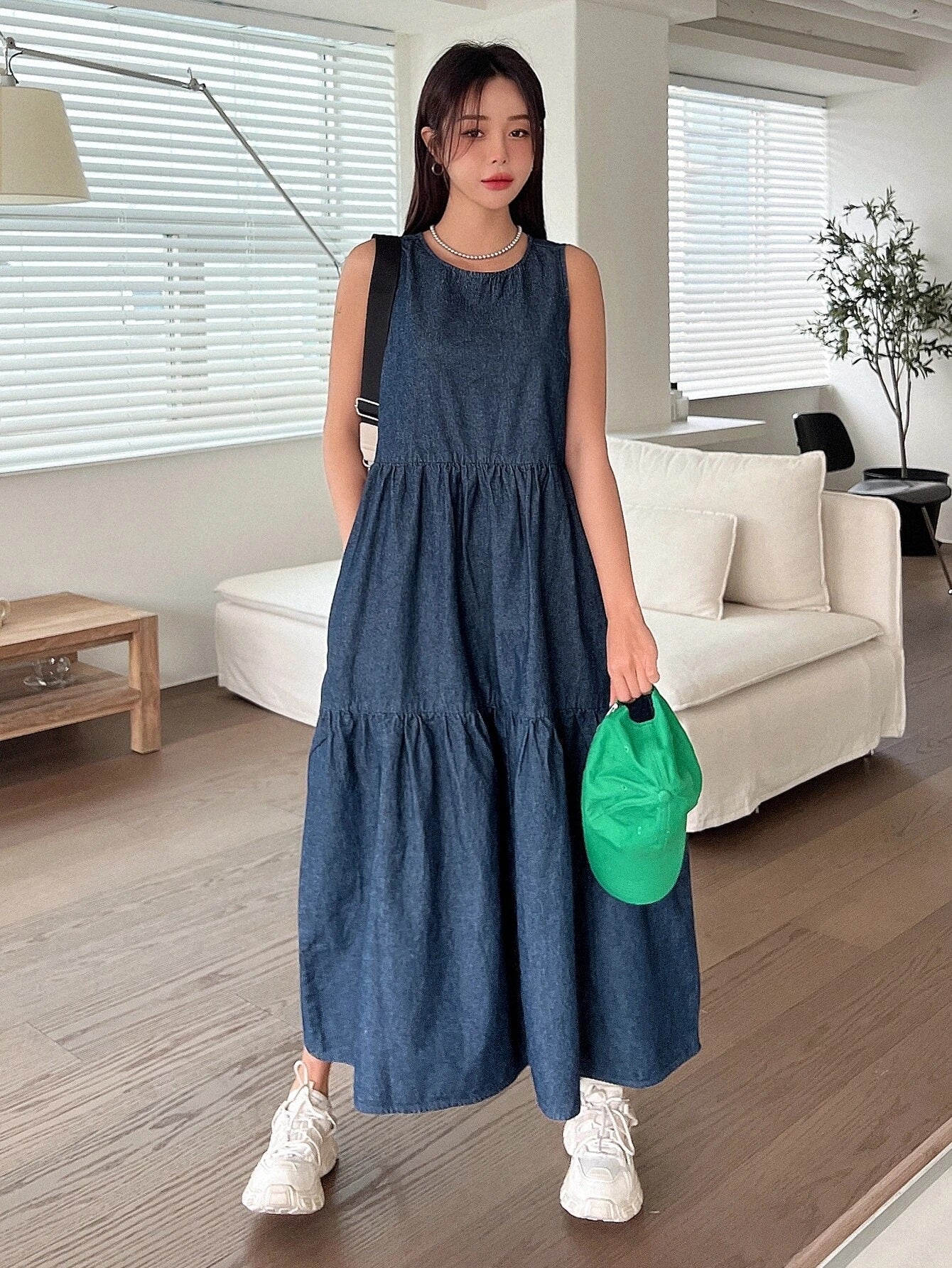 CM-DS222286 Women Casual Seoul Style Dark Wash Ruffle Hem Denim Smock Dress