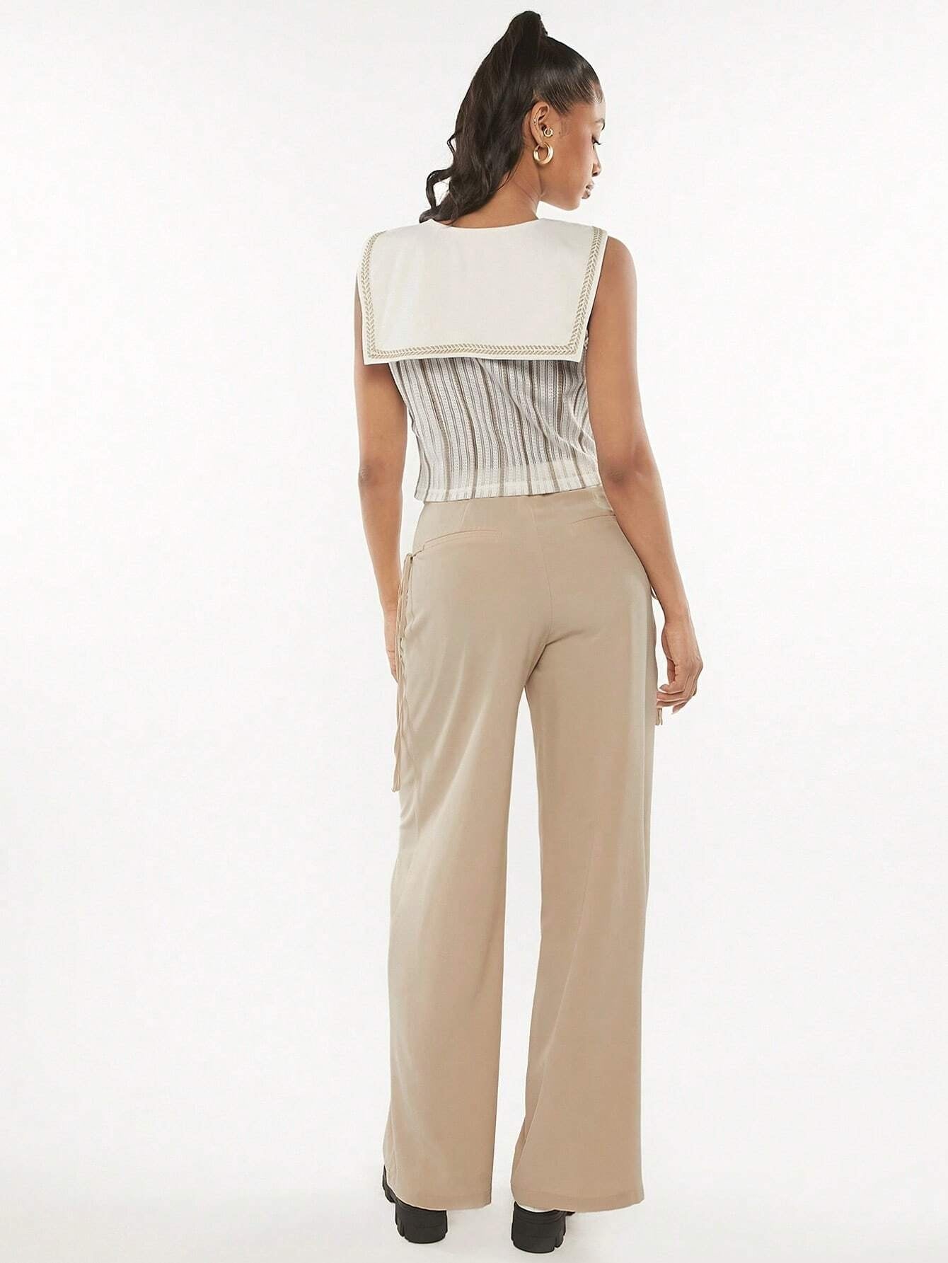 CM-BS972733 Women Casual Seoul Style Plaid Print Fold Pleated Detail Wide Leg Pants