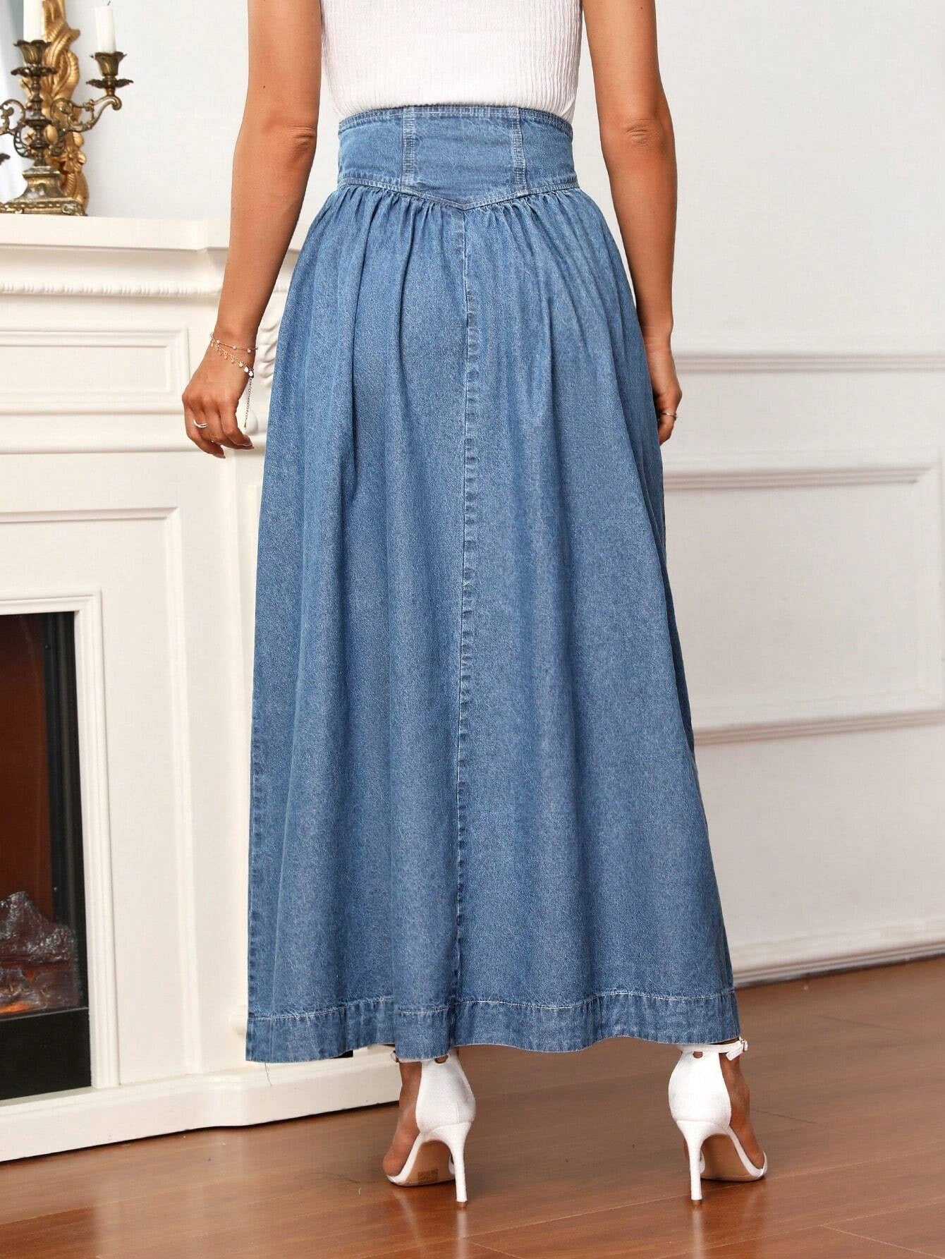 CM-BS584335 Women Casual Seoul Style Medium Wash High Waist Split Thigh Denim Skirt