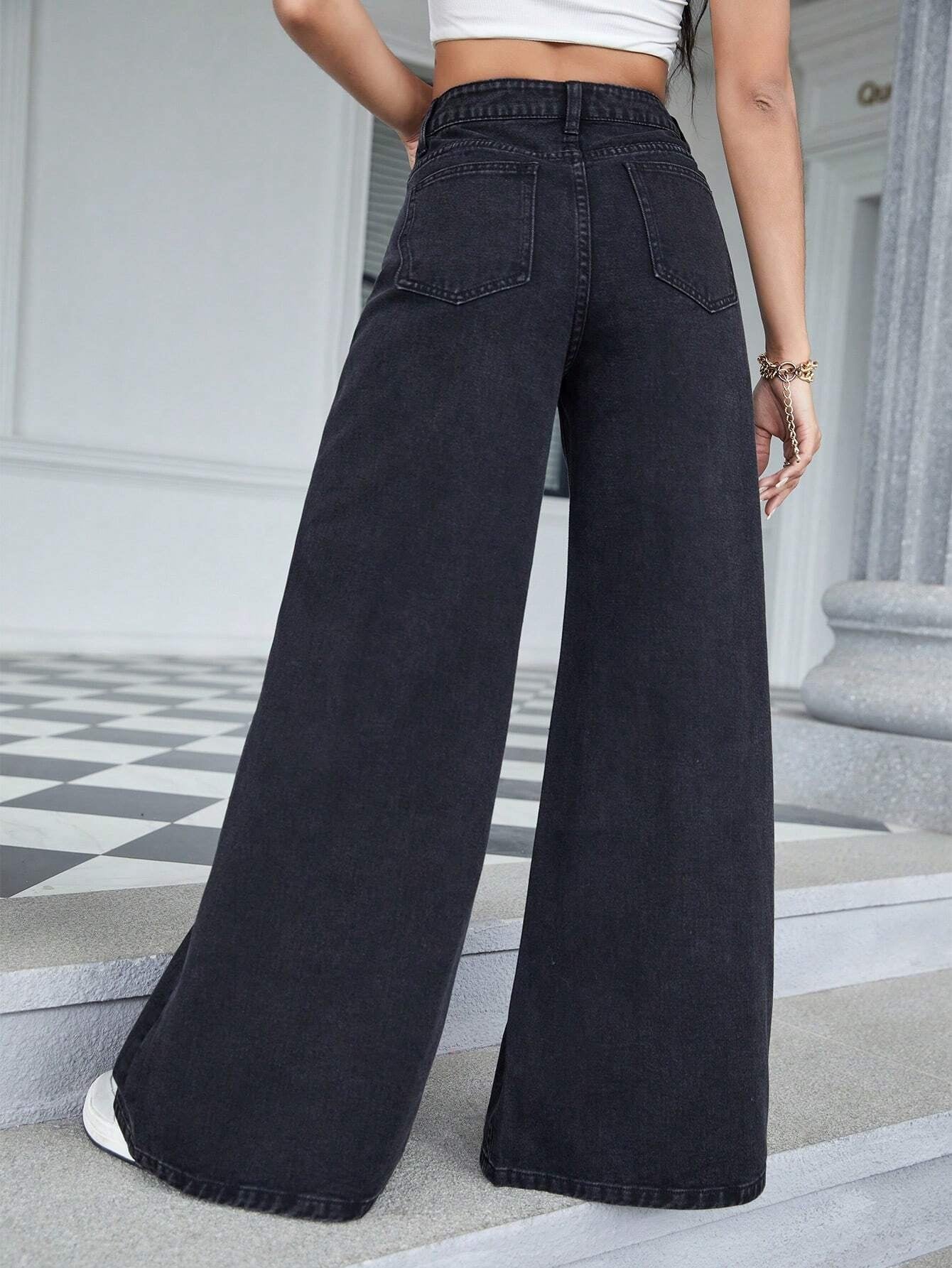 CM-BS434641 Women Casual Seoul Style High Waist Wide Leg Jeans - Black