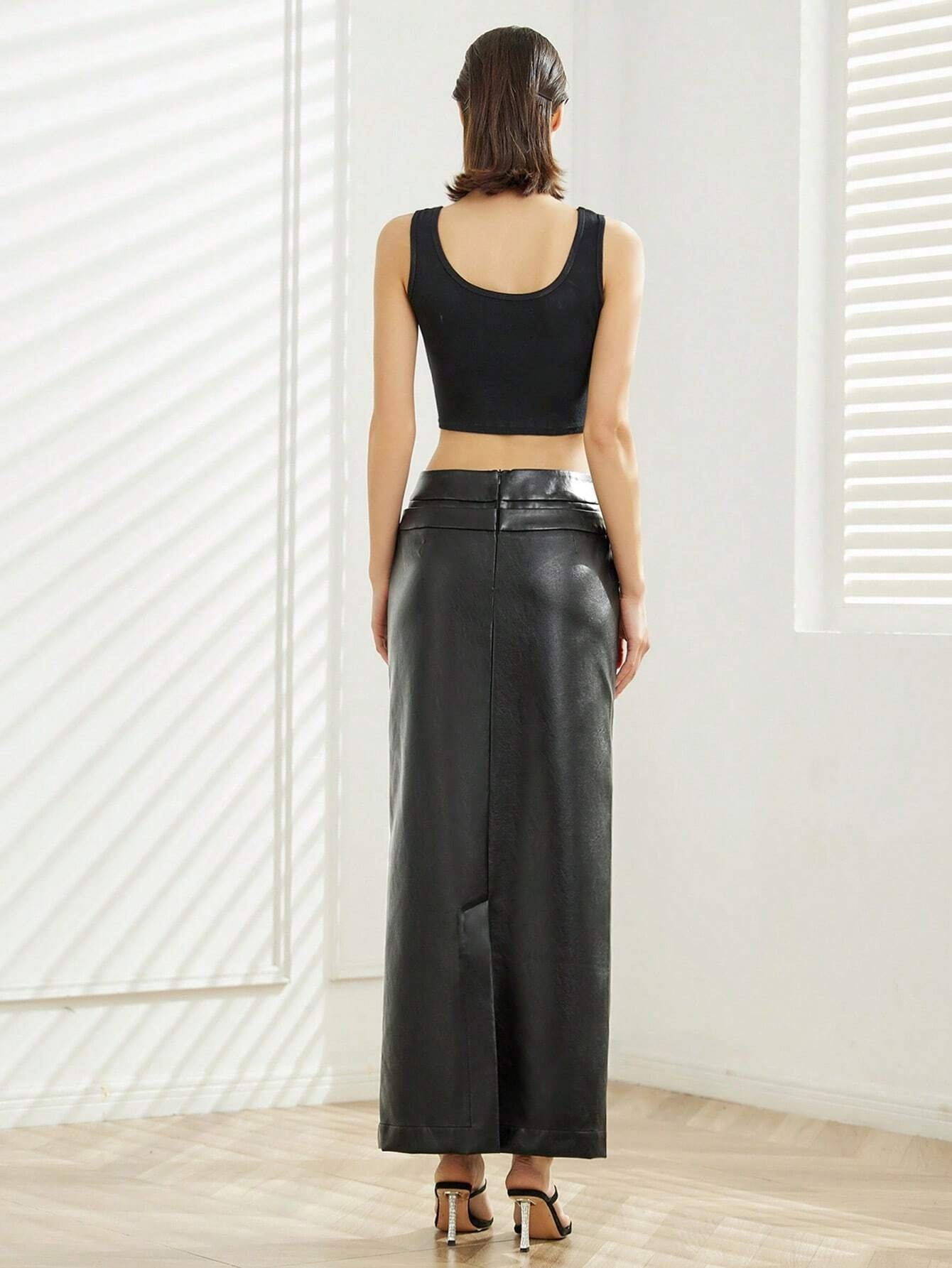 CM-BS351464 Women Casual Seoul Style PU Leather Straight Skirt - Black