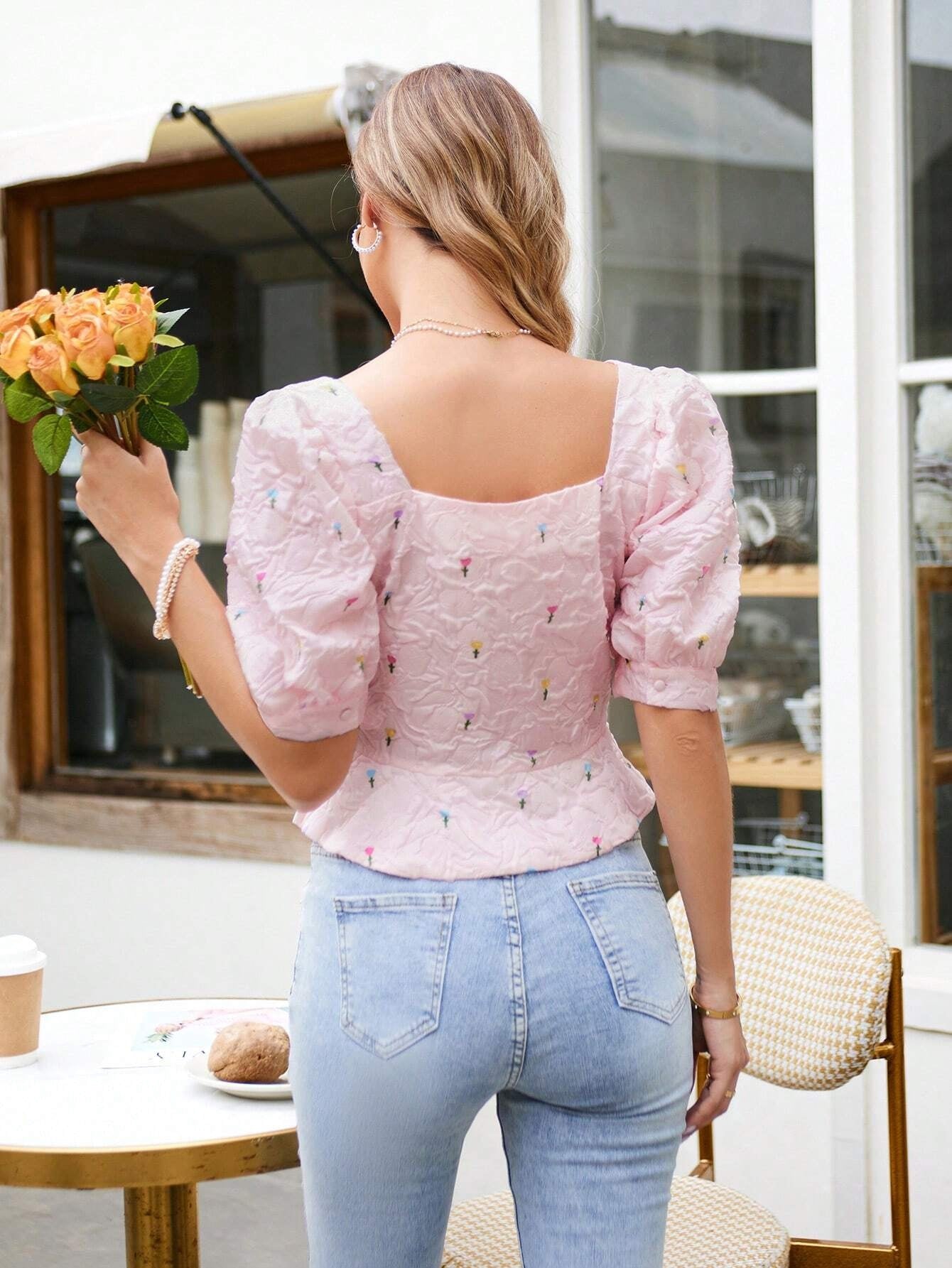 CM-TS090555 Women Casual Seoul Style Floral Print Sweetheart Neck Puff Sleeve Blouse