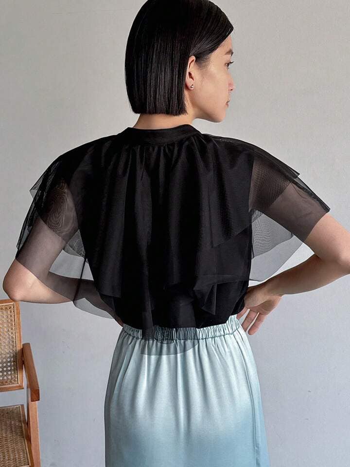 CM-TS736396 Women Casual Seoul Style Tie Neck Mesh Patchwork Short Sleeve Shirt - Black