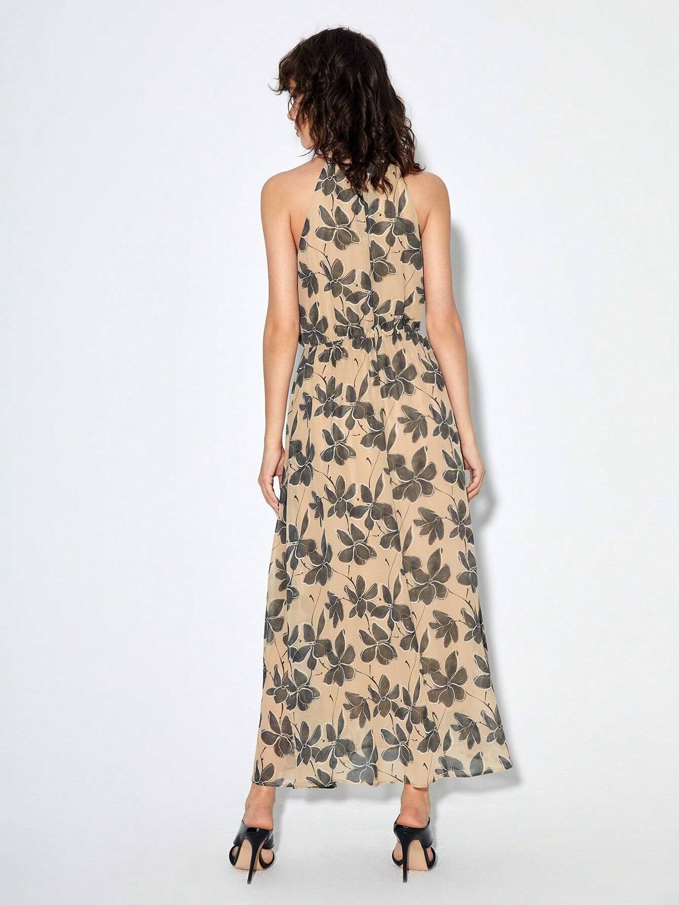 CM-DS760770 Trendy Bohemian Style Sleeveless Floral Print Halter Neck Dress
