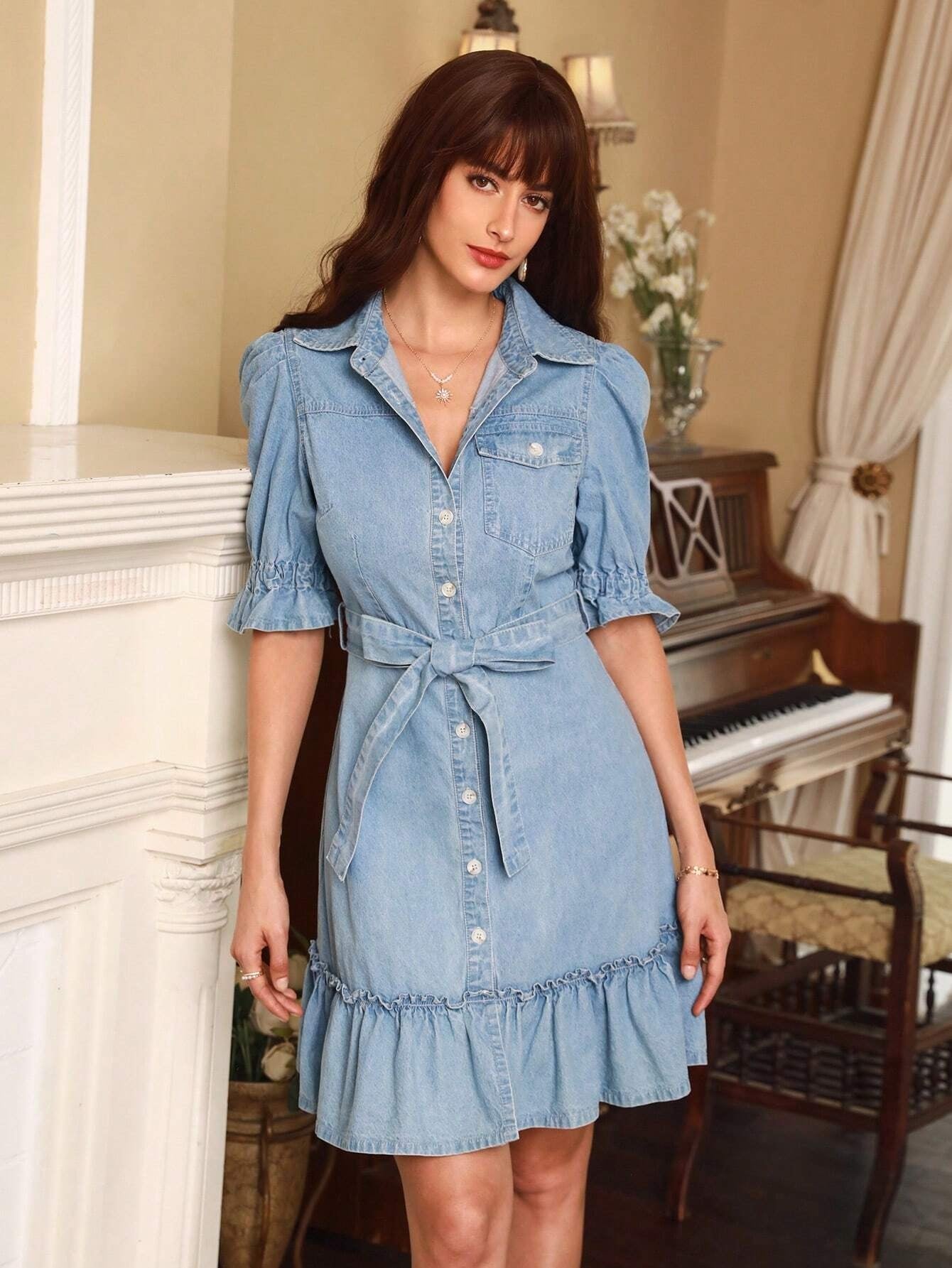 CM-DS711481 Women Casual Seoul Style Puff Sleeve Ruffle Hem Belted Denim Dress