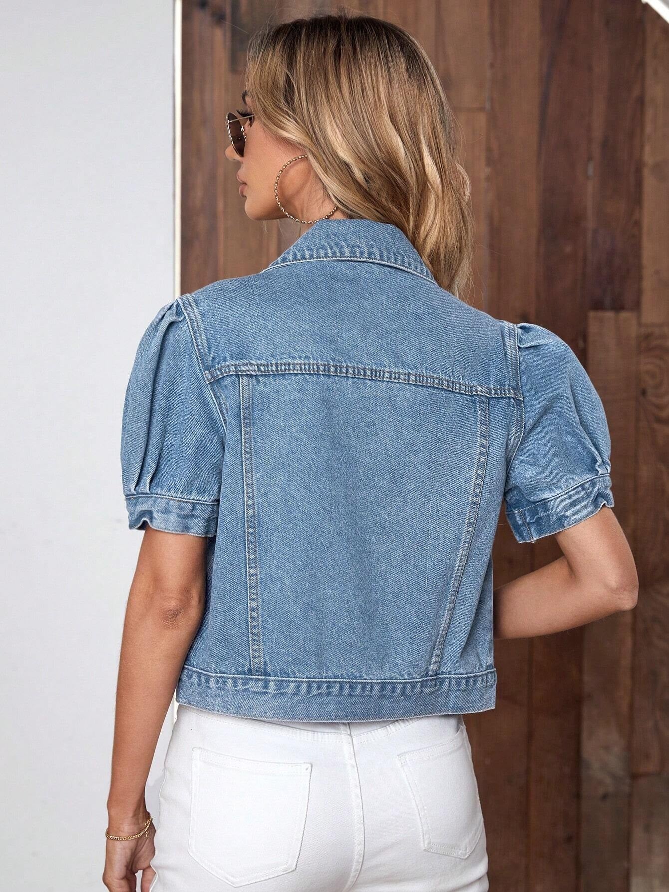CM-CS647070 Women Casual Seoul Style Light Wash Puff Sleeve Button Front Denim Jacket