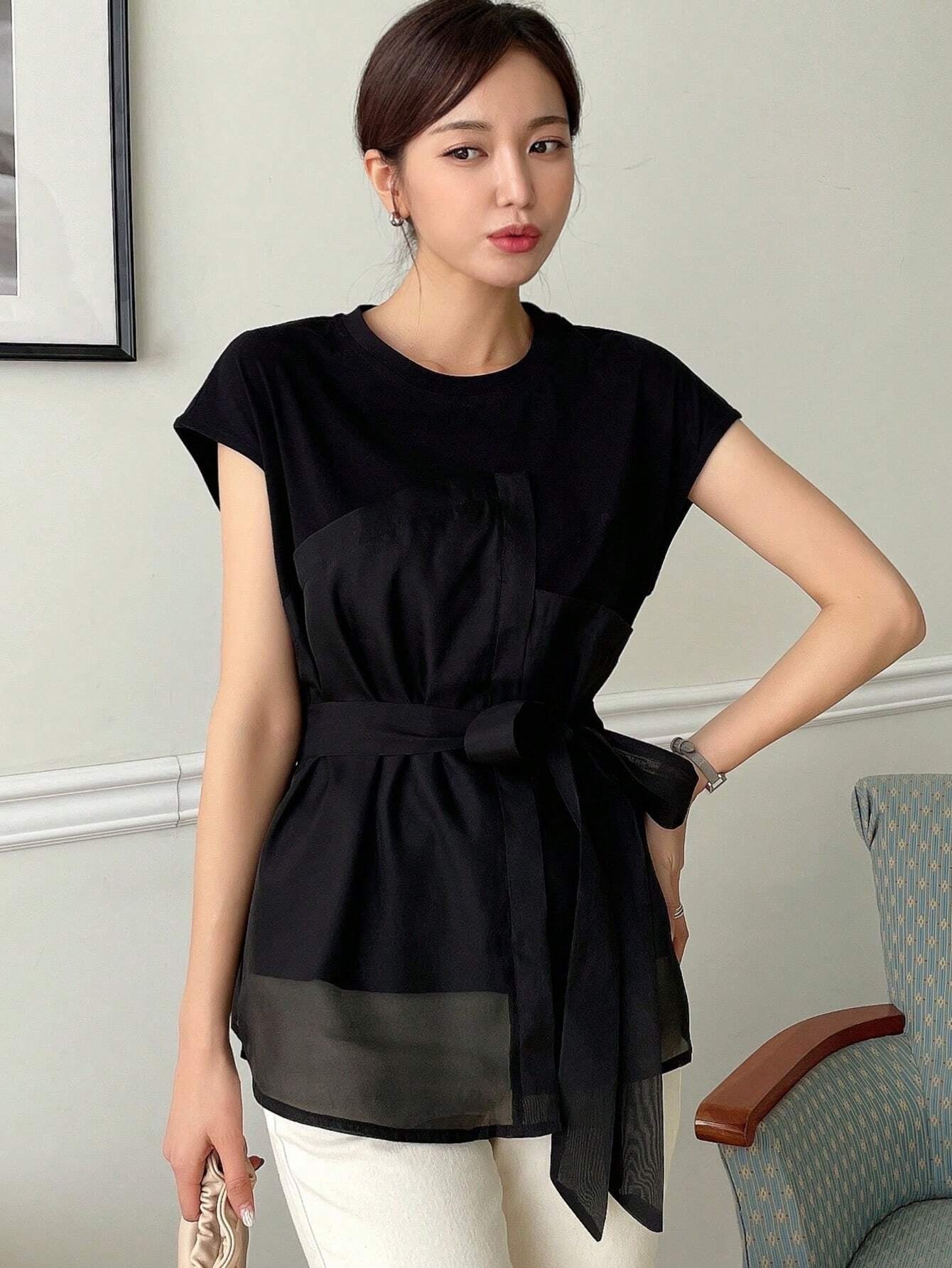 CM-TS603303 Women Casual Seoul Style Solid Belted Mesh Overlay Belted Tee - Black
