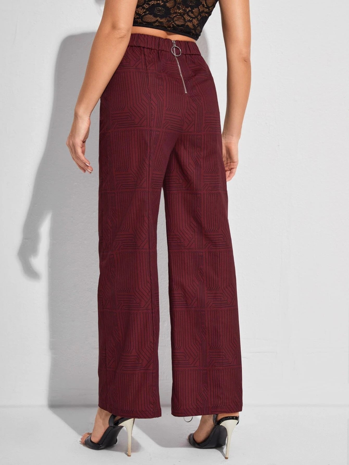 CM-BS957193 Women Elegant Seoul Style High Waist Zip Hem Pants - Burgundy