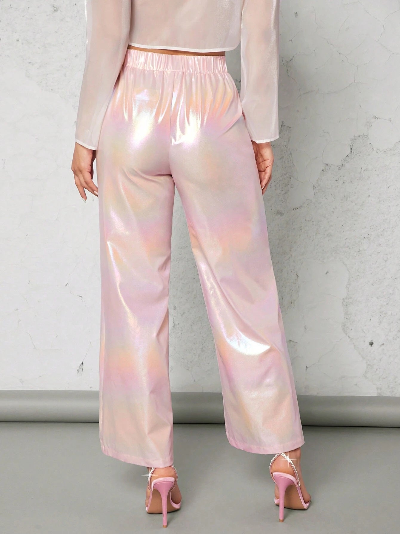 CM-BS515575 Women Elegant Seoul Style High Waist Holographic Straight Leg Pants