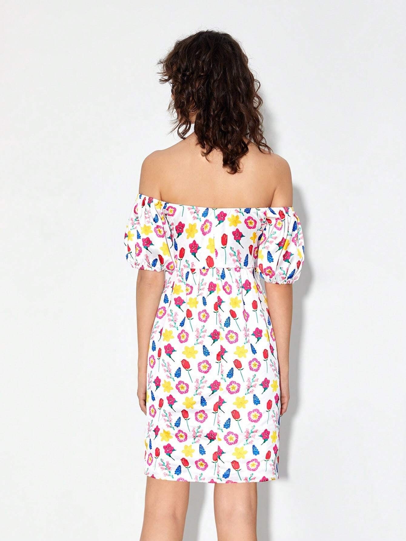 CM-DS881612 Women Casual Seoul Style Off Shoulder Allover Print Ruched Bust Dress