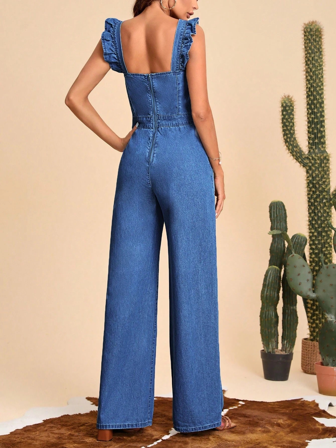 CM-JS741919 Women Preppy Seoul Style Dark Wash Ruffle Trim Wide Leg Denim Jumpsuit