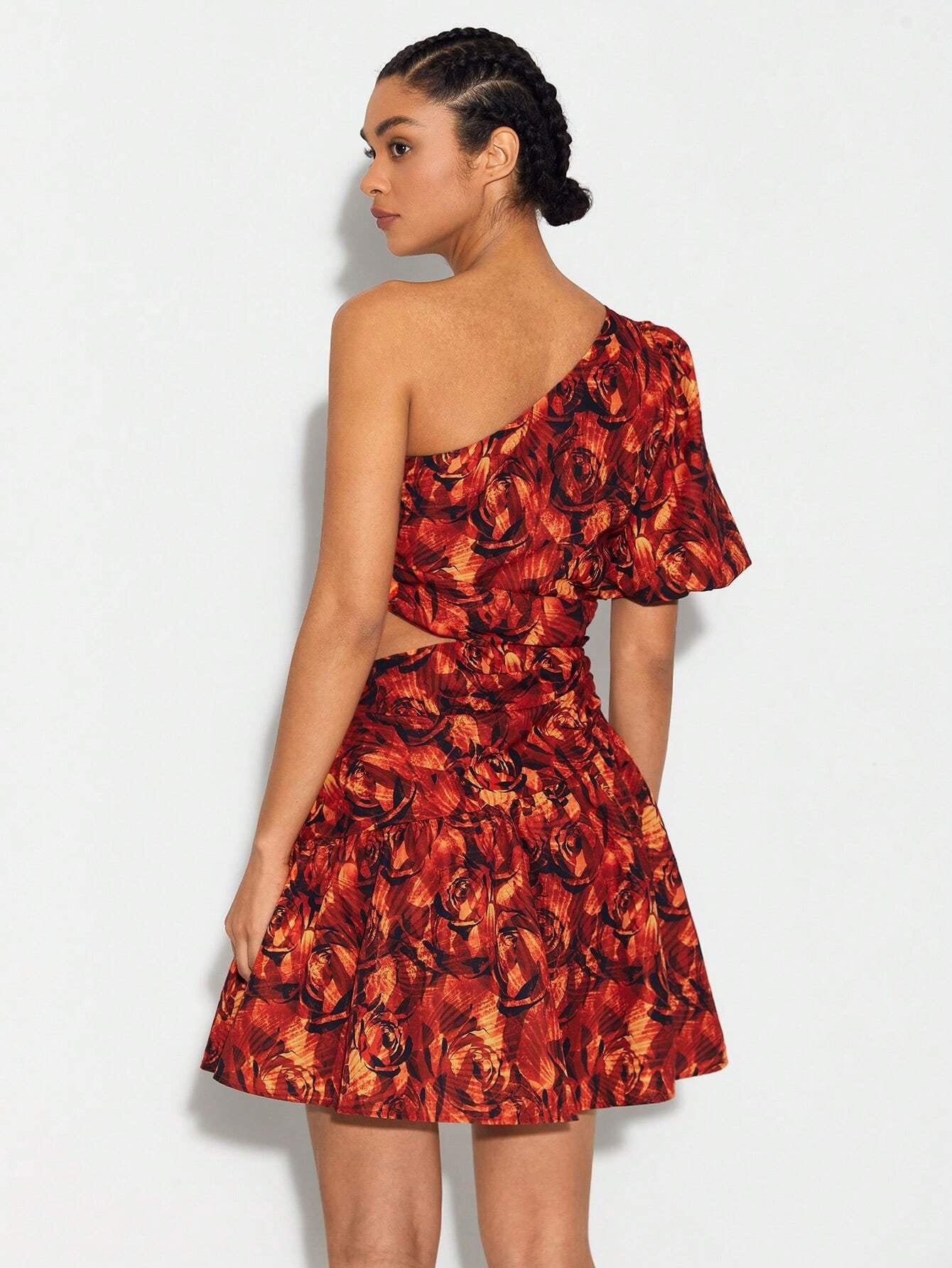 CM-DS067840 Women Seoul Style Floral Print One Shoulder Butterfly Sleeve Ruffle Hem Dress