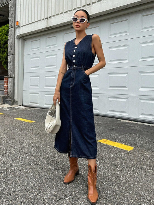 CM-DS407092 Women Casual Seoul Style Dark Wash Button Front Sleeveless Split Thigh Denim Dress