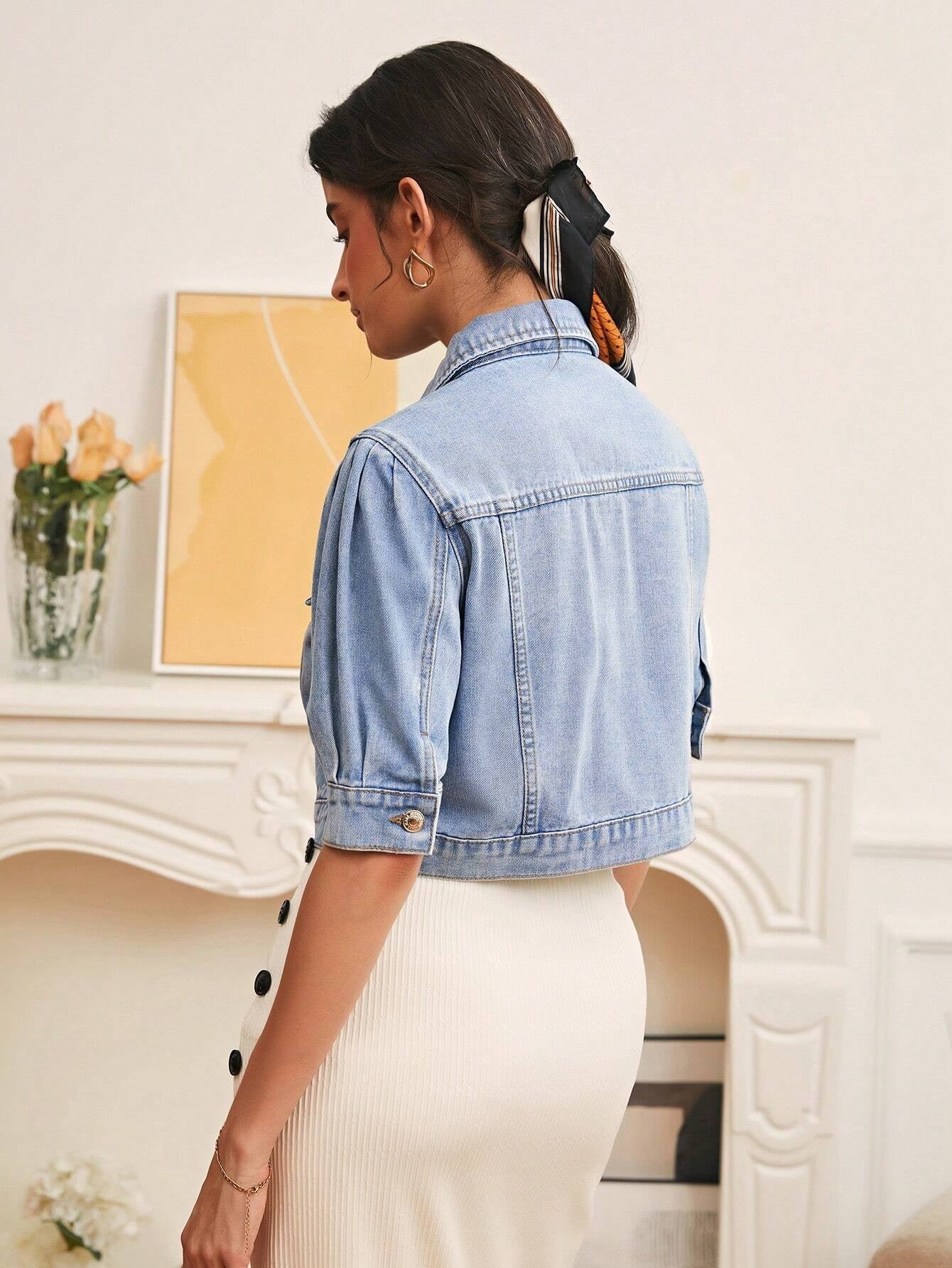 CM-CS629892 Women Casual Seoul Style Light Wash Flap Detail Button Front Denim Jacket