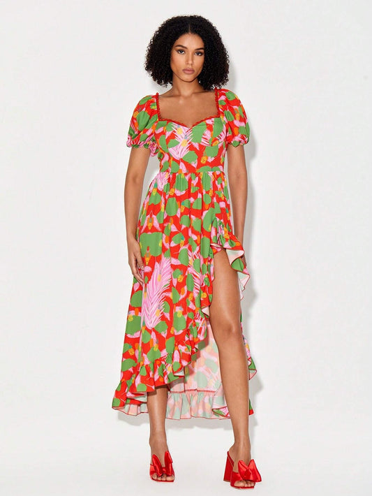 CM-DS186692 Women Trendy Bohemian Style Print Puff Sleeve Asymmetrical Ruffle Hem Dress