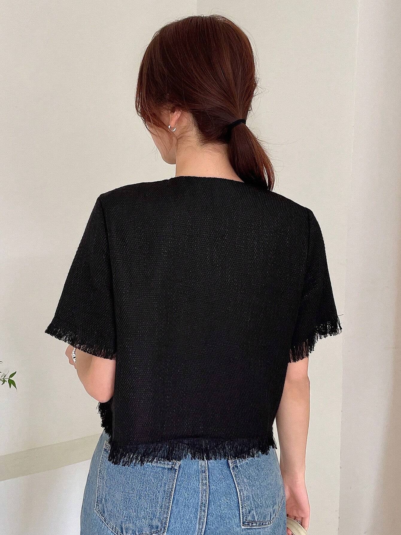 CM-TS199329 Women Casual Seoul Style Solid Button Front Raw Hem Crop Blouse - Black