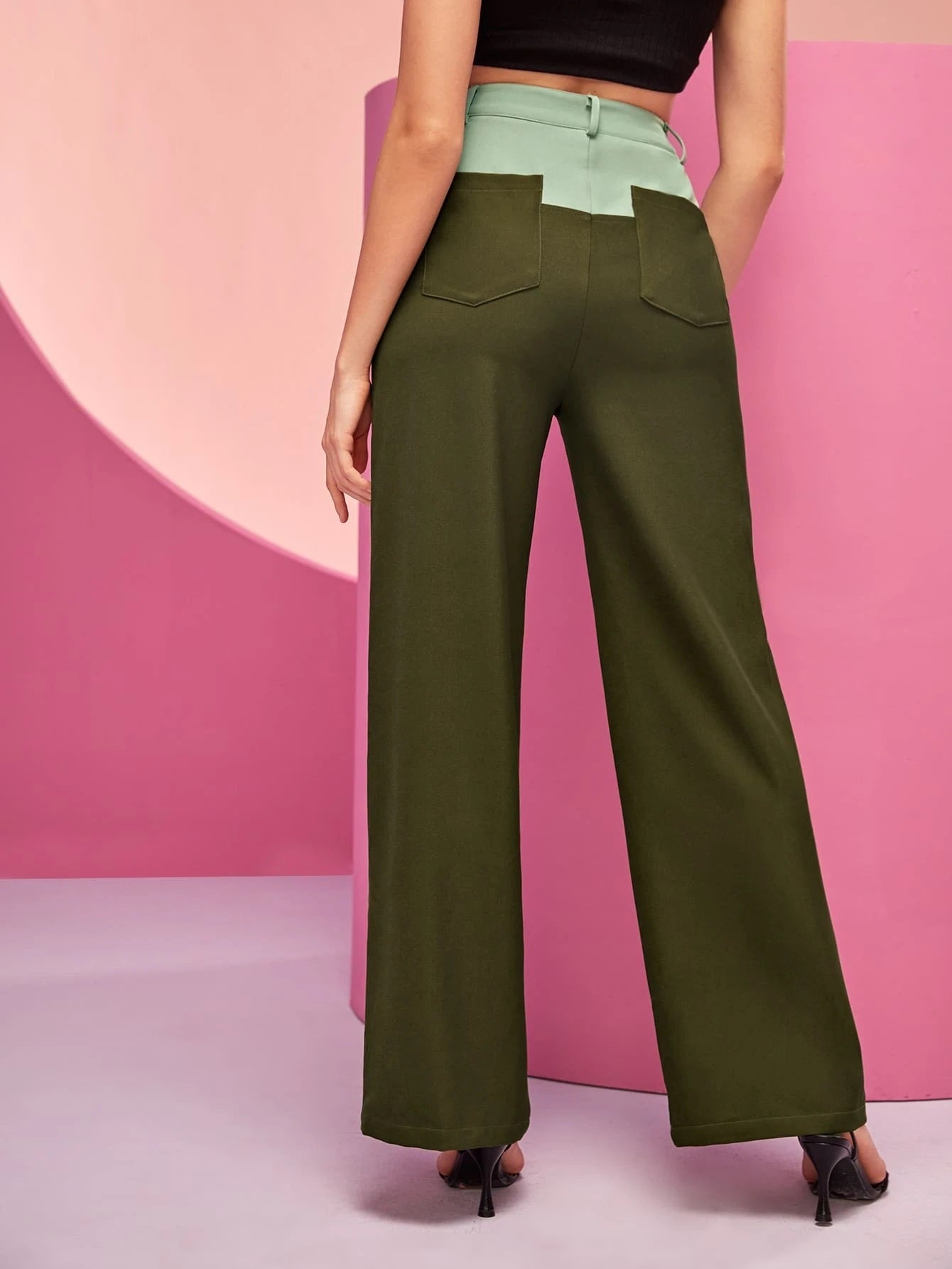 CM-BS044454 Women Elegant Seoul Style High Waist Color Block Wide Leg Pants - Army Green