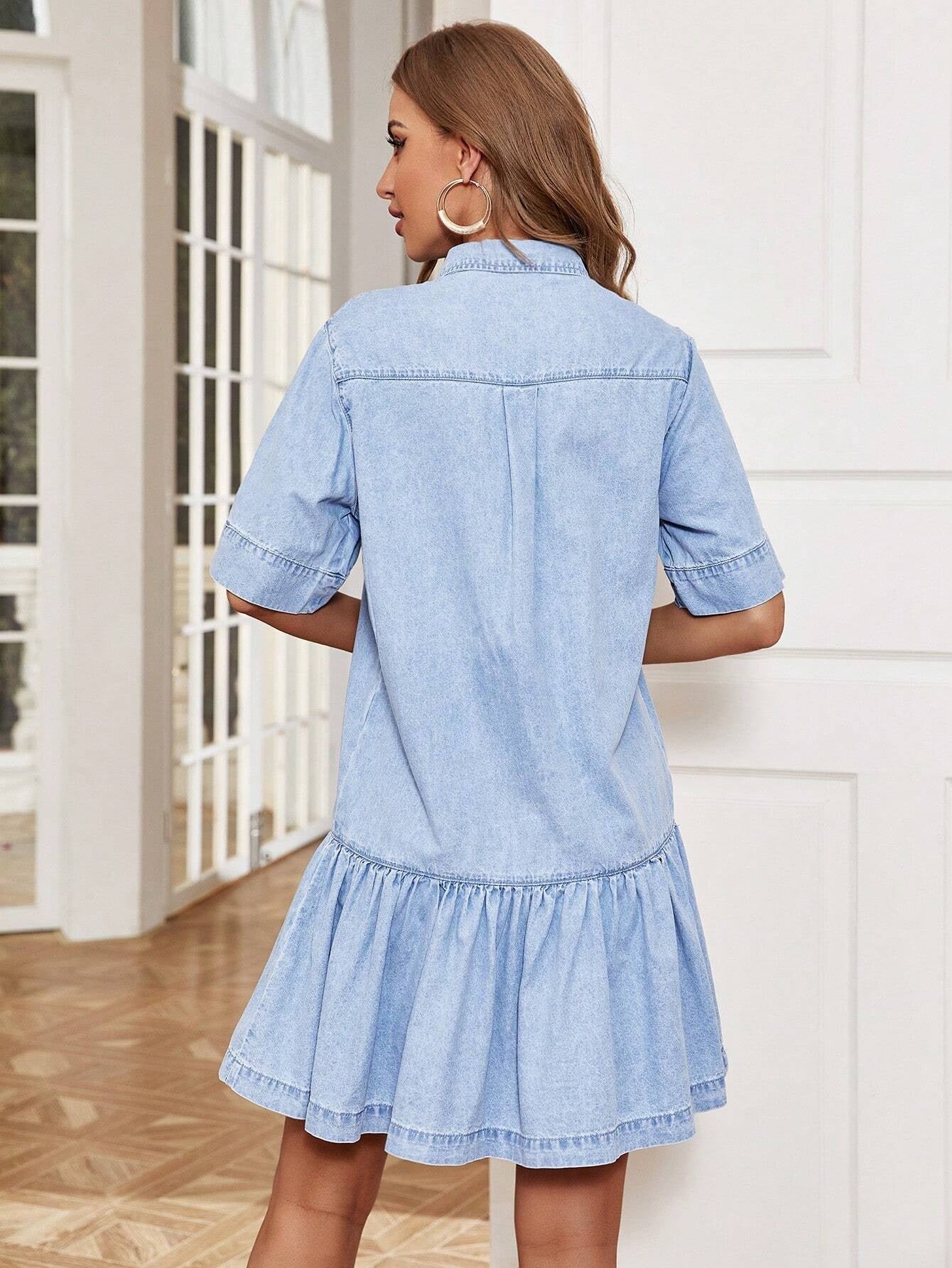 CM-DS013171 Women Trendy Seoul Style Light Wash Flap Pocket Ruffle Hem Denim Dress