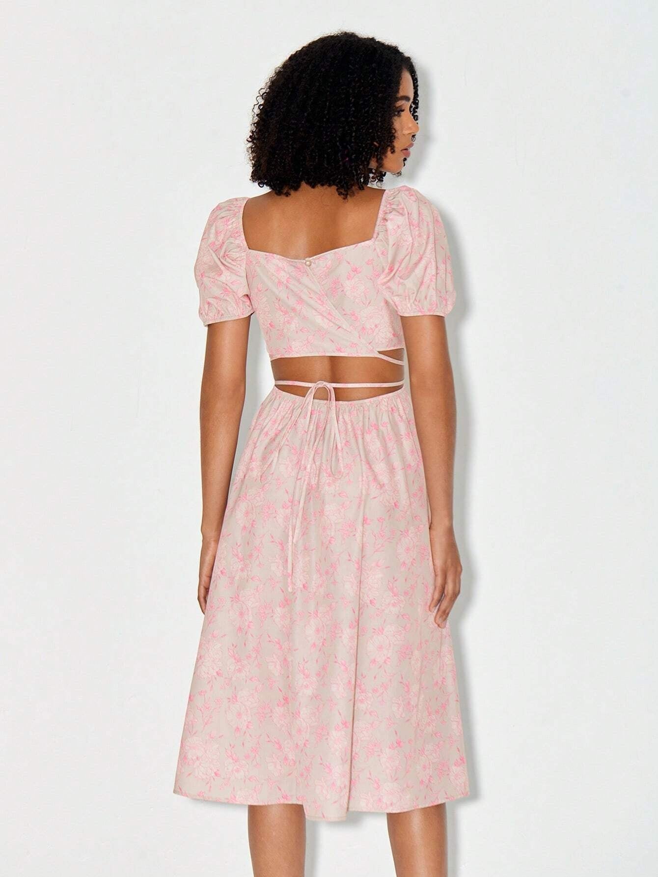 CM-DS217040 Women Casual Seoul Style Floral Print Cut Out Waist Puff Sleeve Tie Backless Dress