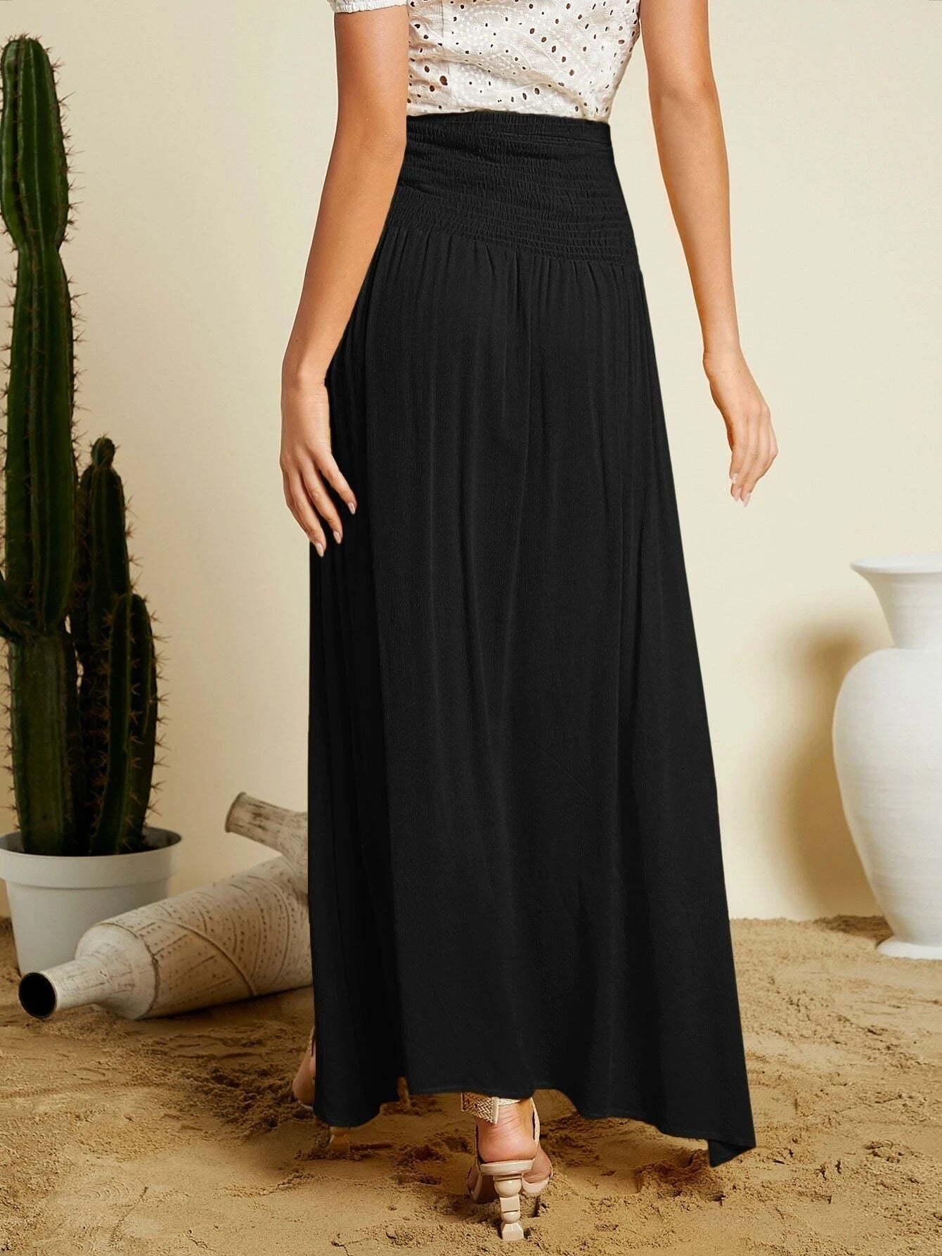 CM-BS626232 Women Trendy Bohemian Style Shirred Waist Split Thigh Skirt - Black