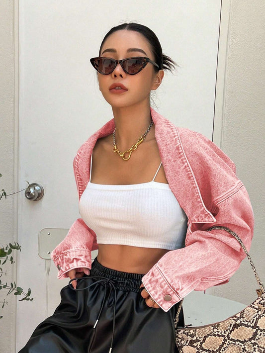 CM-CS189608 Women Preppy Seoul Style Drop Shoulder Asymmetrical Hem Denim Jacket - Pink