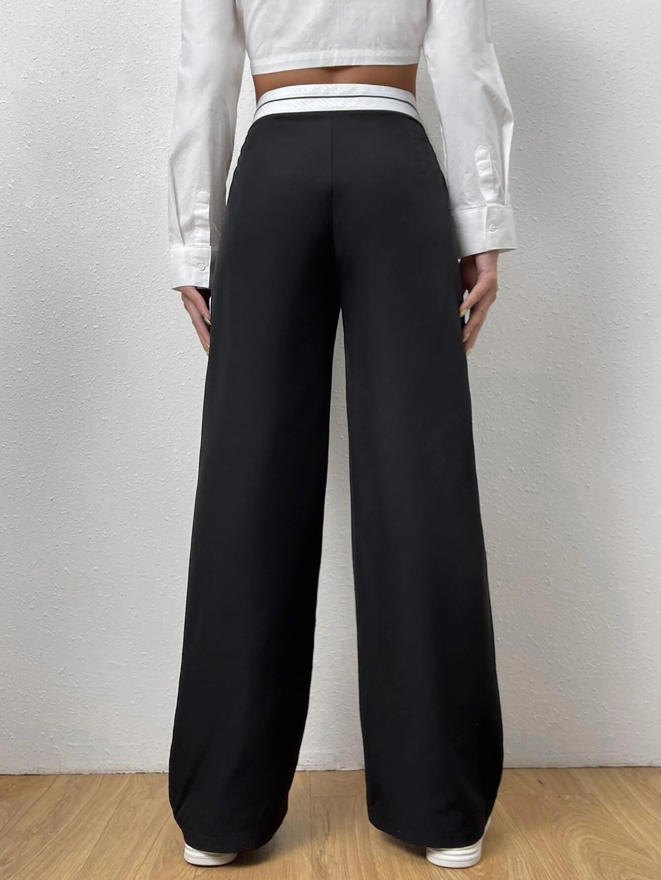 CM-BS783068 Women Casual Seoul Style Striped Waistband Wide Leg Pants - Black