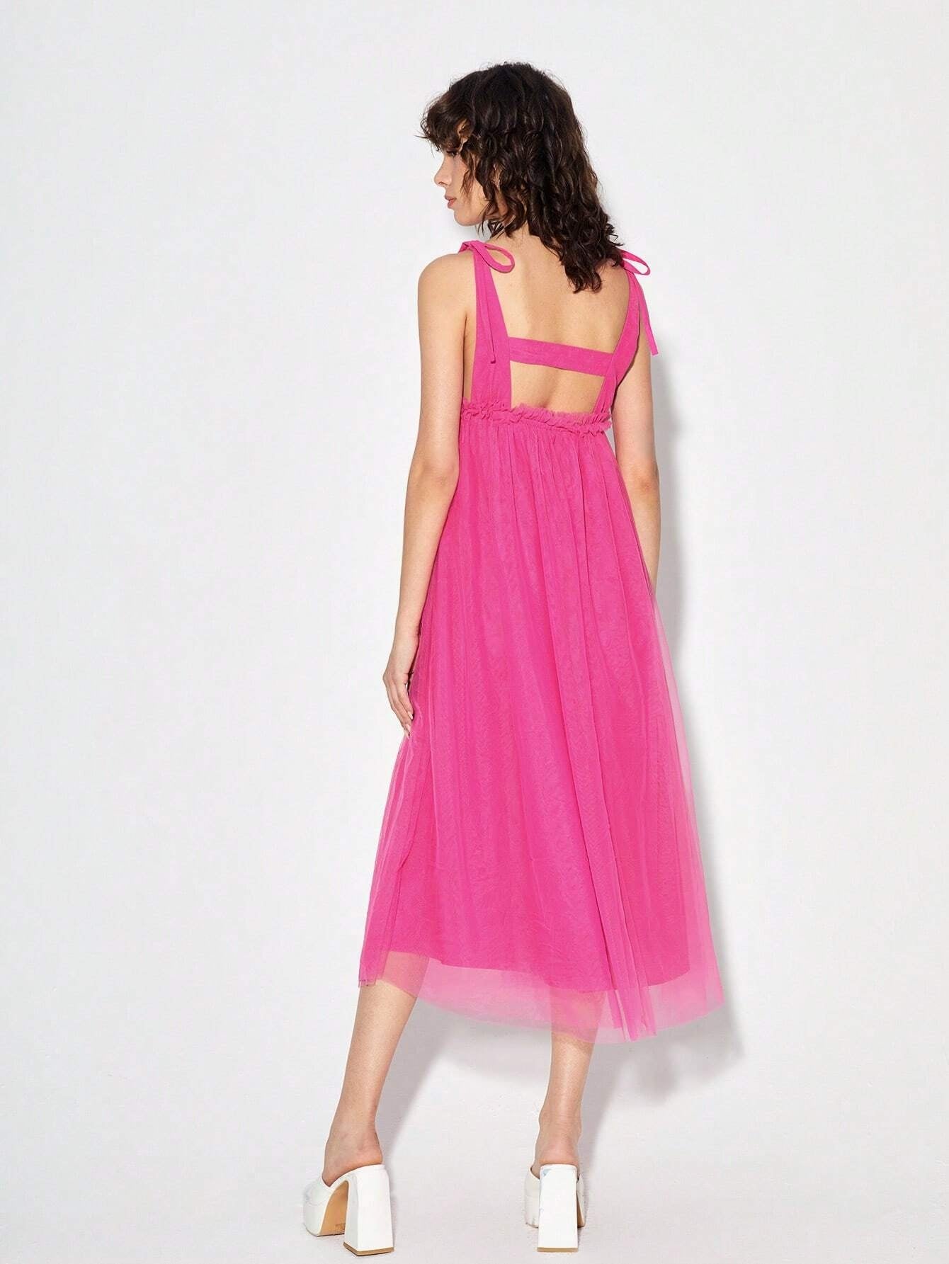 CM-DS397137 Women Elegant Seoul Style Tie Shoulder Ruched Bust Mesh Overlay Cami Dress