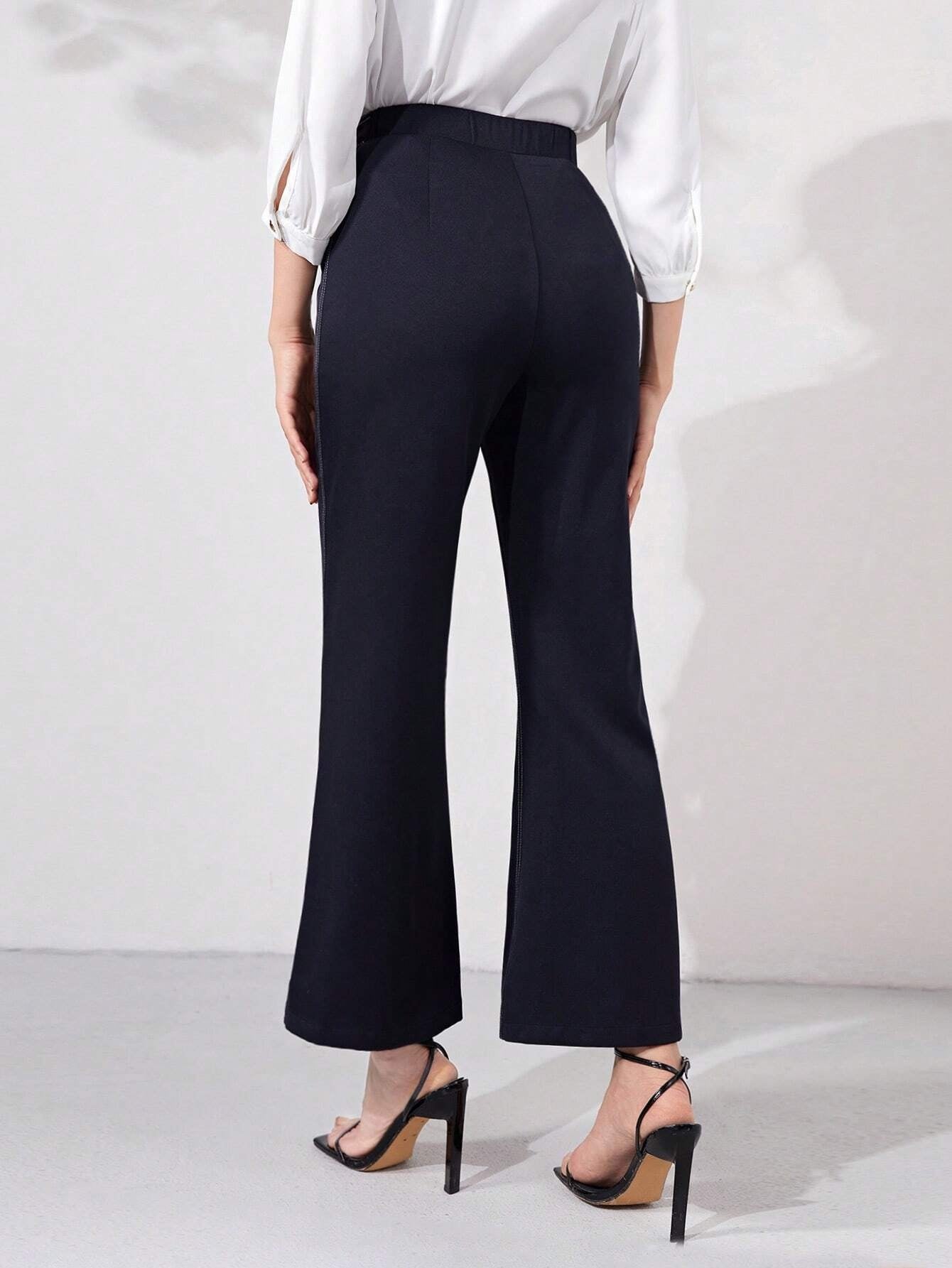 CM-BS990949 Women Elegant Seoul Style Contrast Stitch Flare Leg Pants - Navy Blue