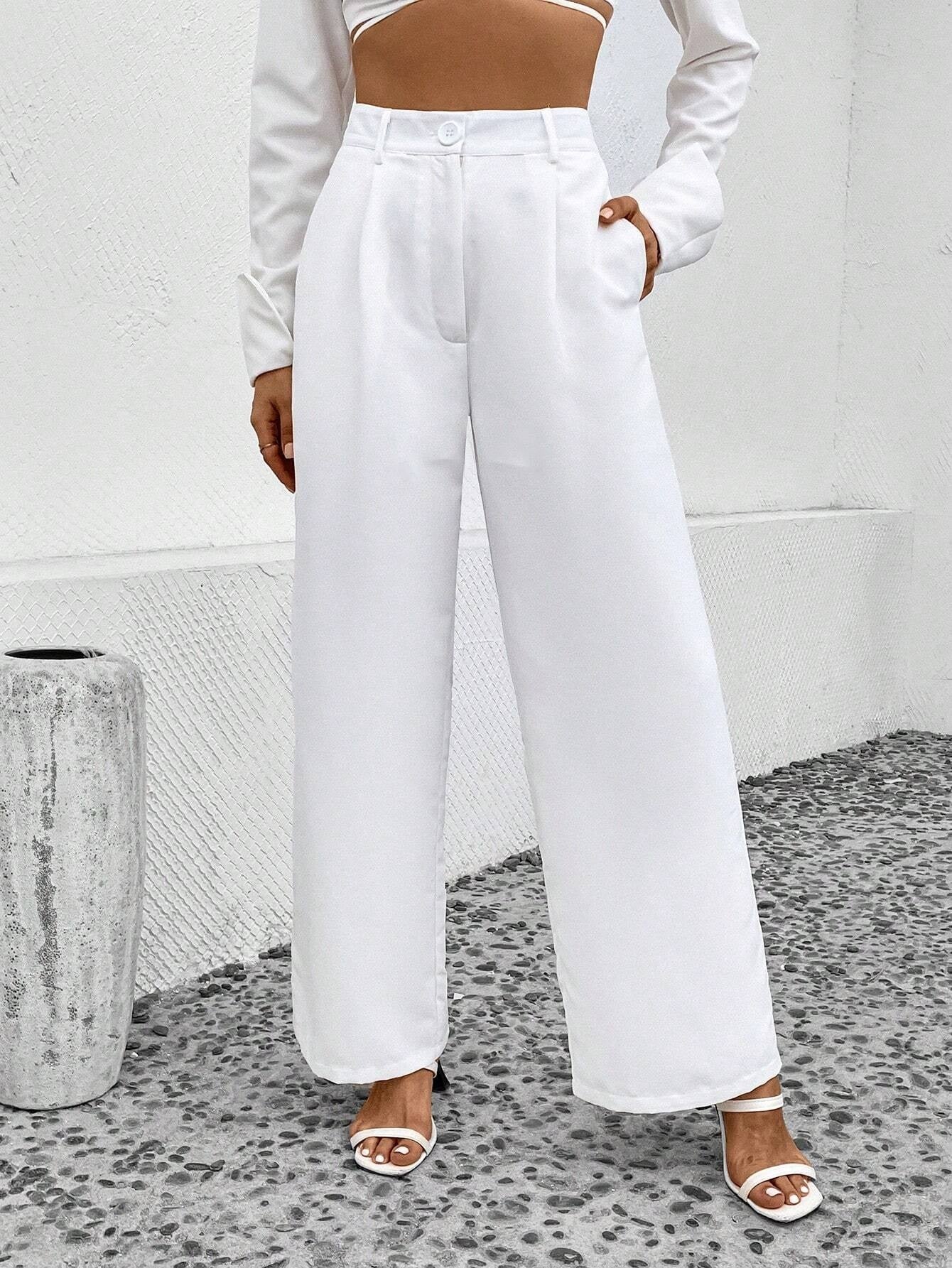 CM-BS351890 Women Elegant Seoul Style Solid Slant Pocket Wide Leg Pants - White