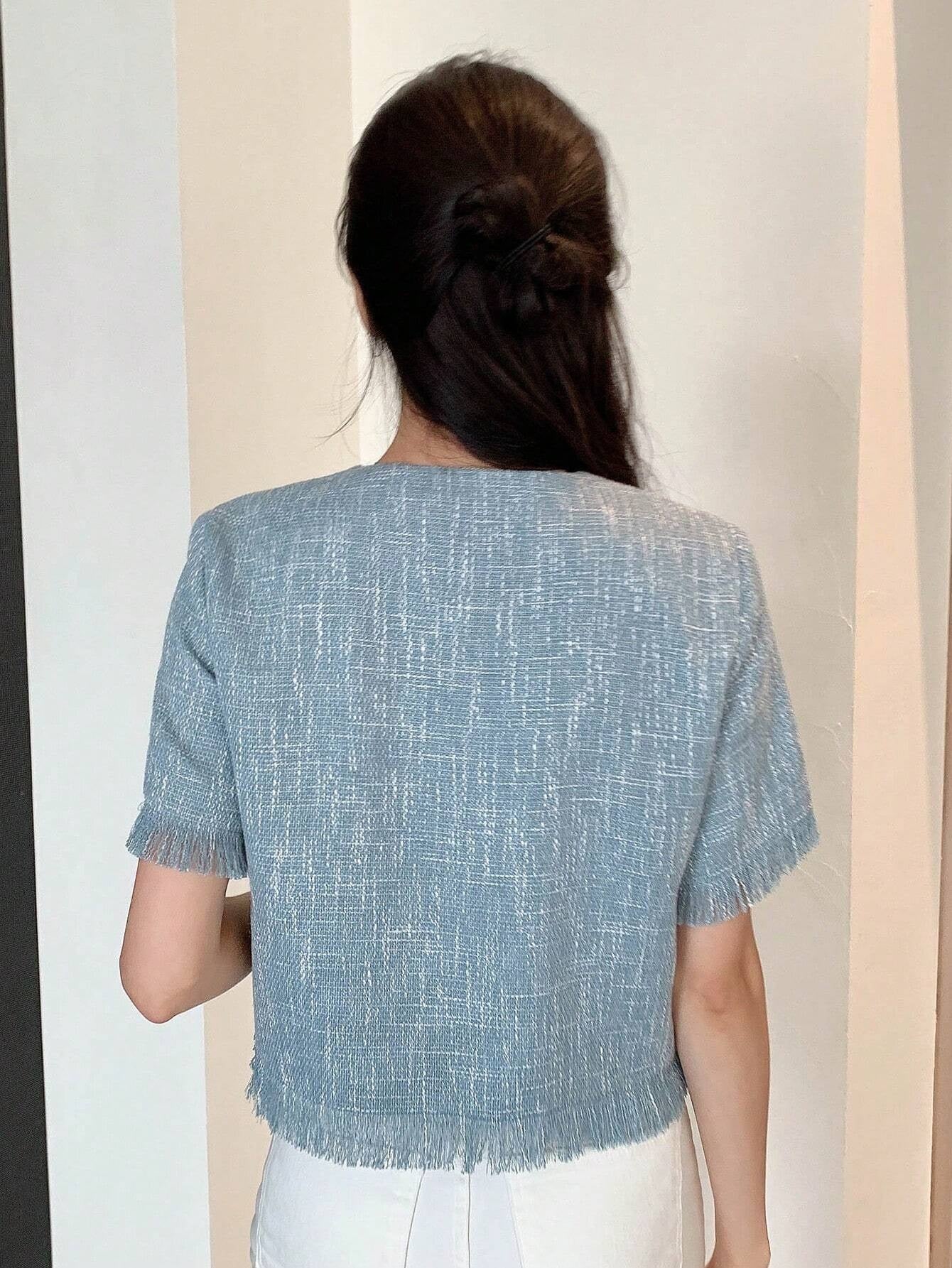CM-TS652251 Women Casual Seoul Style Solid Button Front Raw Hem Crop Blouse - Dusty Blue