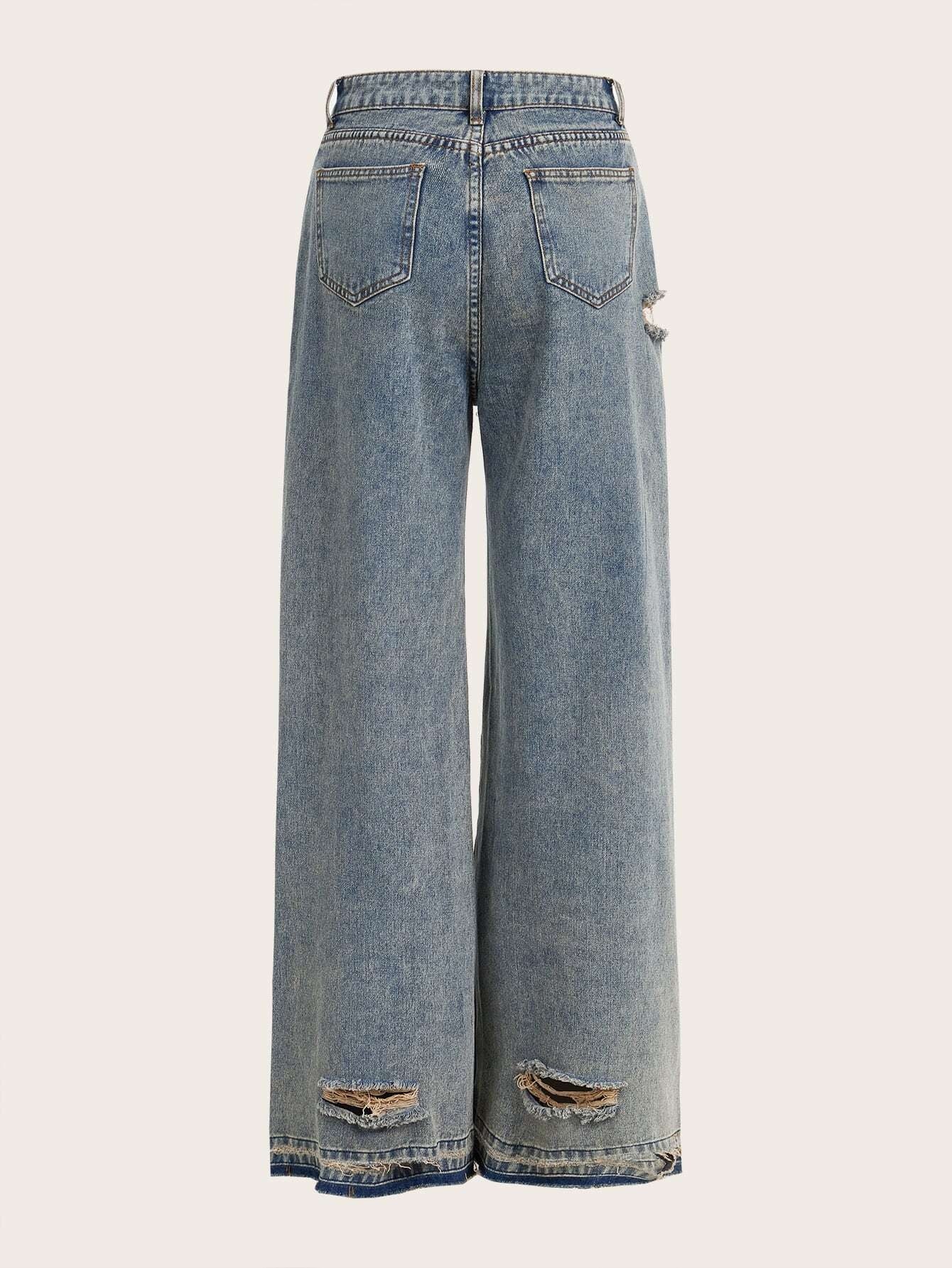 CM-BS491519 Women Casual Seoul Style Light Wash Ripped Wide Leg Jeans