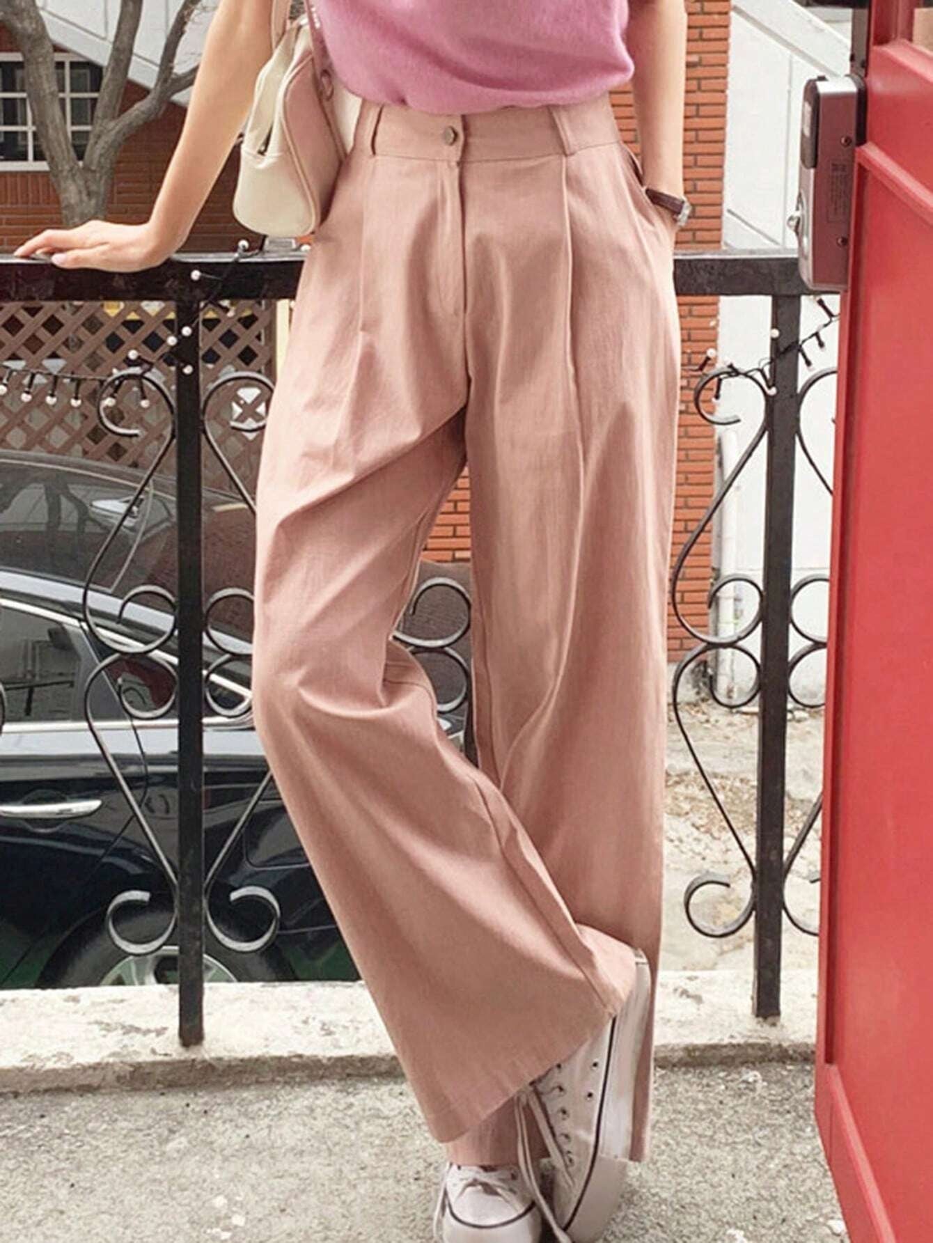 CM-BS190903 Women Casual Seoul Style Solid Slant Pocket Wide Leg Pants - Pink