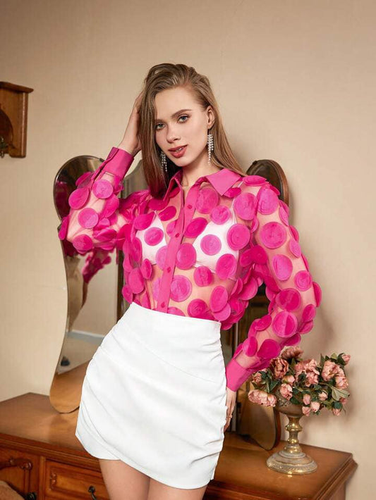 CM-TS695060 Women Casual SeouL Style Beaded Embroidery Sheer Long Sleeve Shirt - Pink
