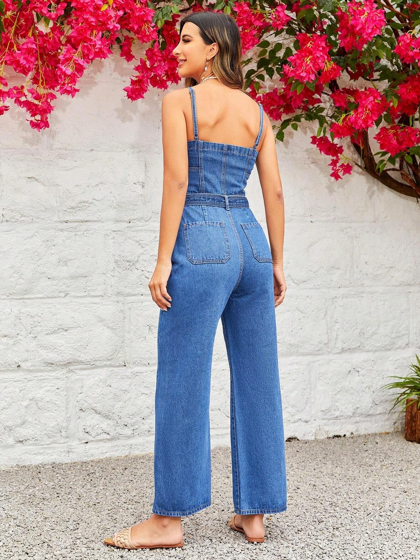 CM-JS805288 Women Preppy Seoul Style Medium Wash Zip Up Belted Cami Denim Jumpsuit